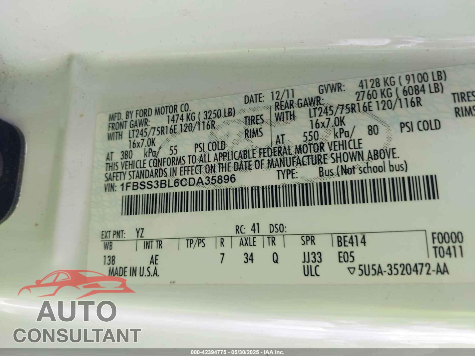 FORD E-350 SUPER DUTY 2012 - 1FBSS3BL6CDA35896