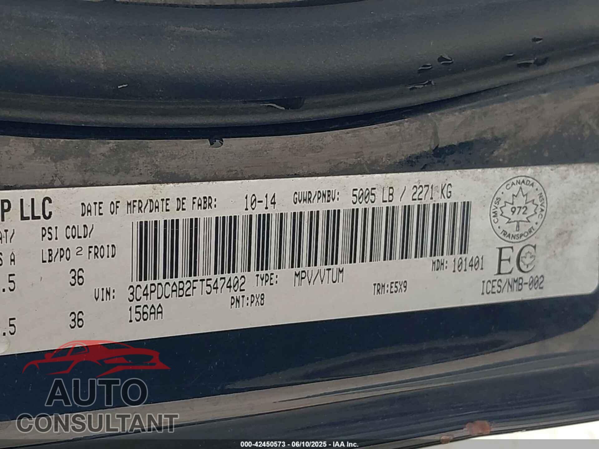 DODGE JOURNEY 2015 - 3C4PDCAB2FT547402