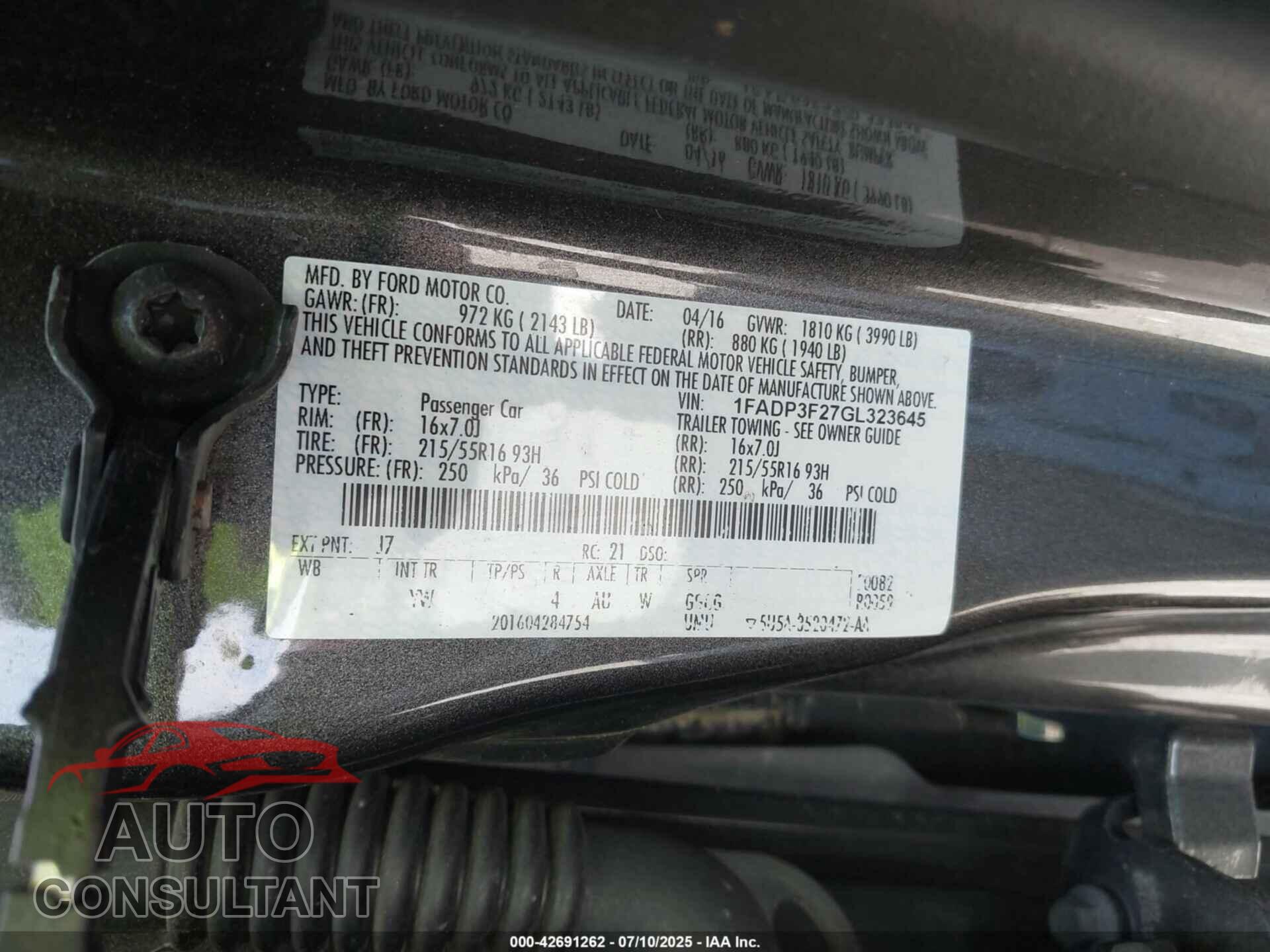 FORD FOCUS 2016 - 1FADP3F27GL323645