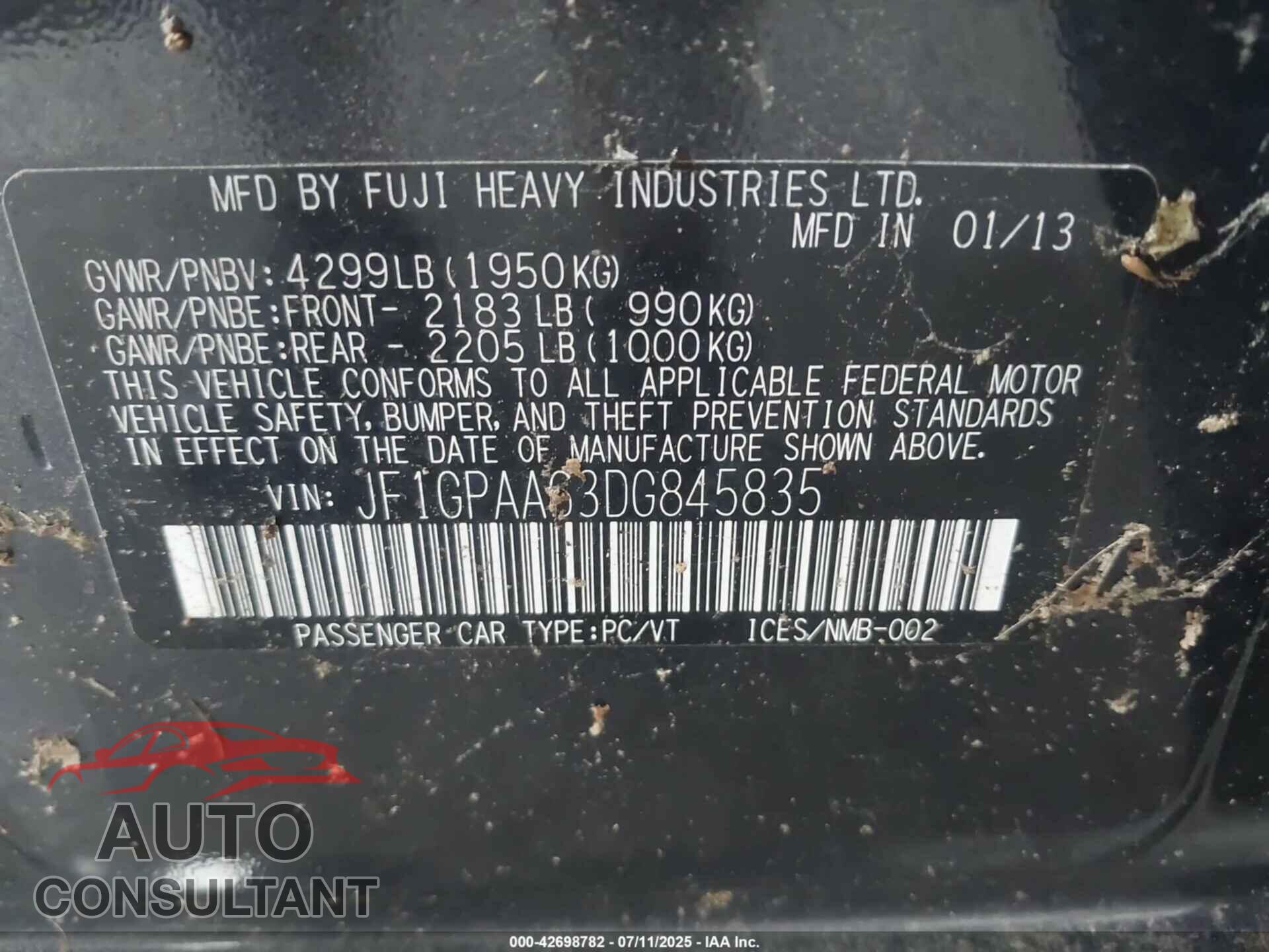 SUBARU IMPREZA 2013 - JF1GPAA63DG845835