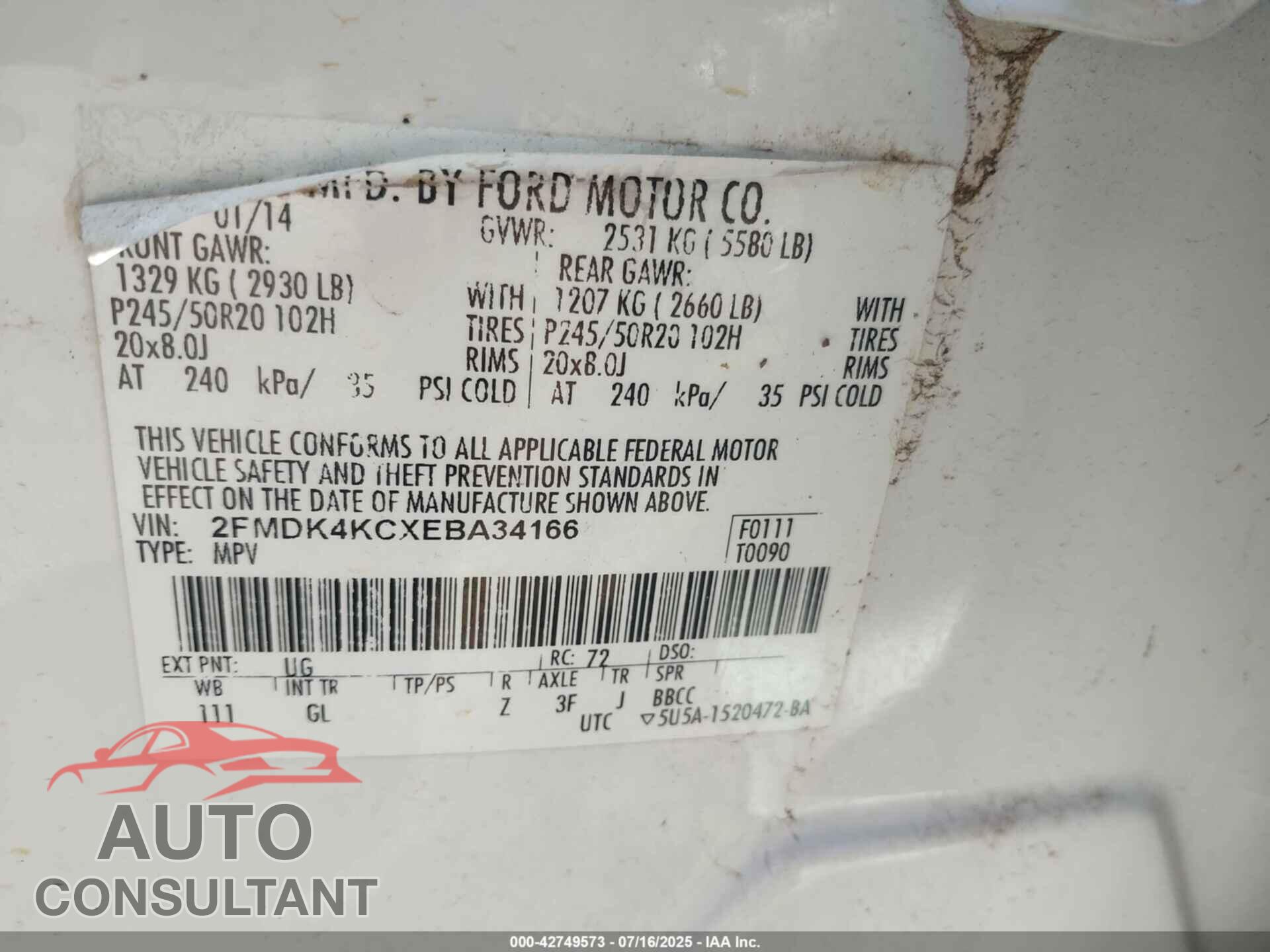 FORD EDGE 2014 - 2FMDK4KCXEBA34166