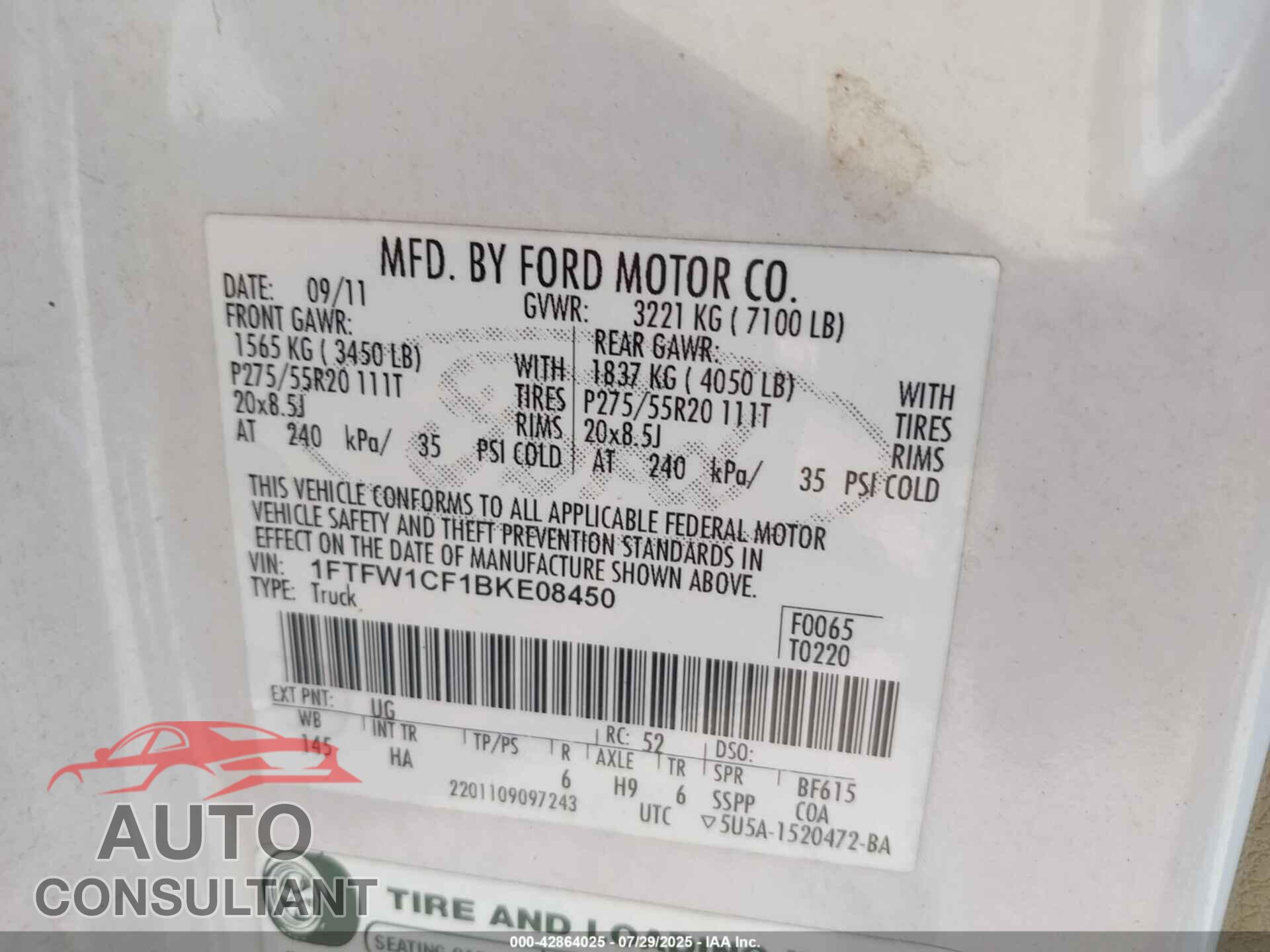 FORD F-150 2011 - 1FTFW1CF1BKE08450