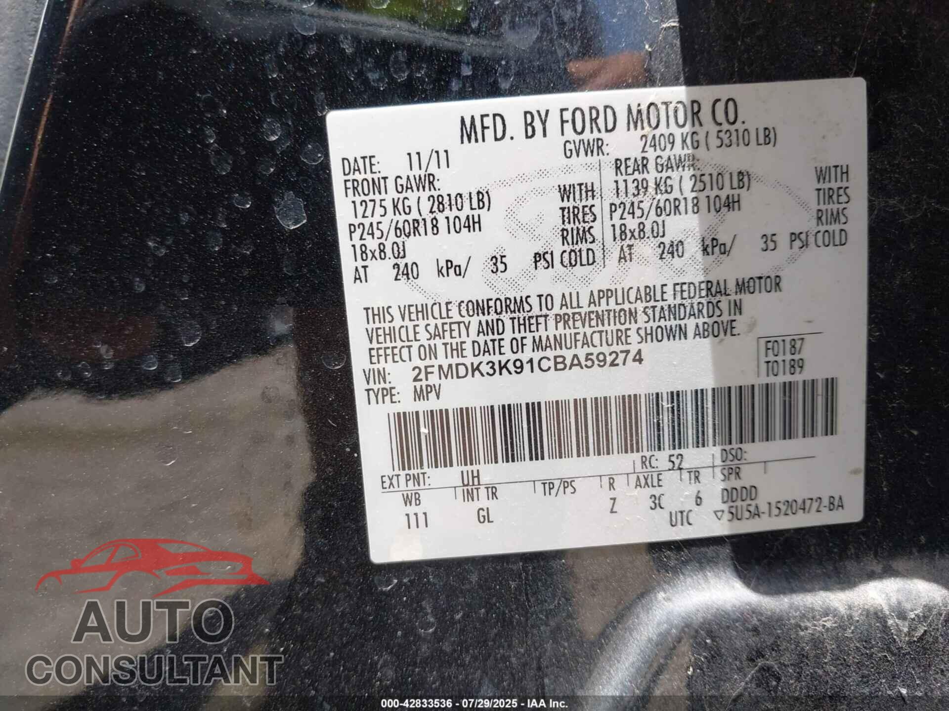 FORD EDGE 2012 - 2FMDK3K91CBA59274