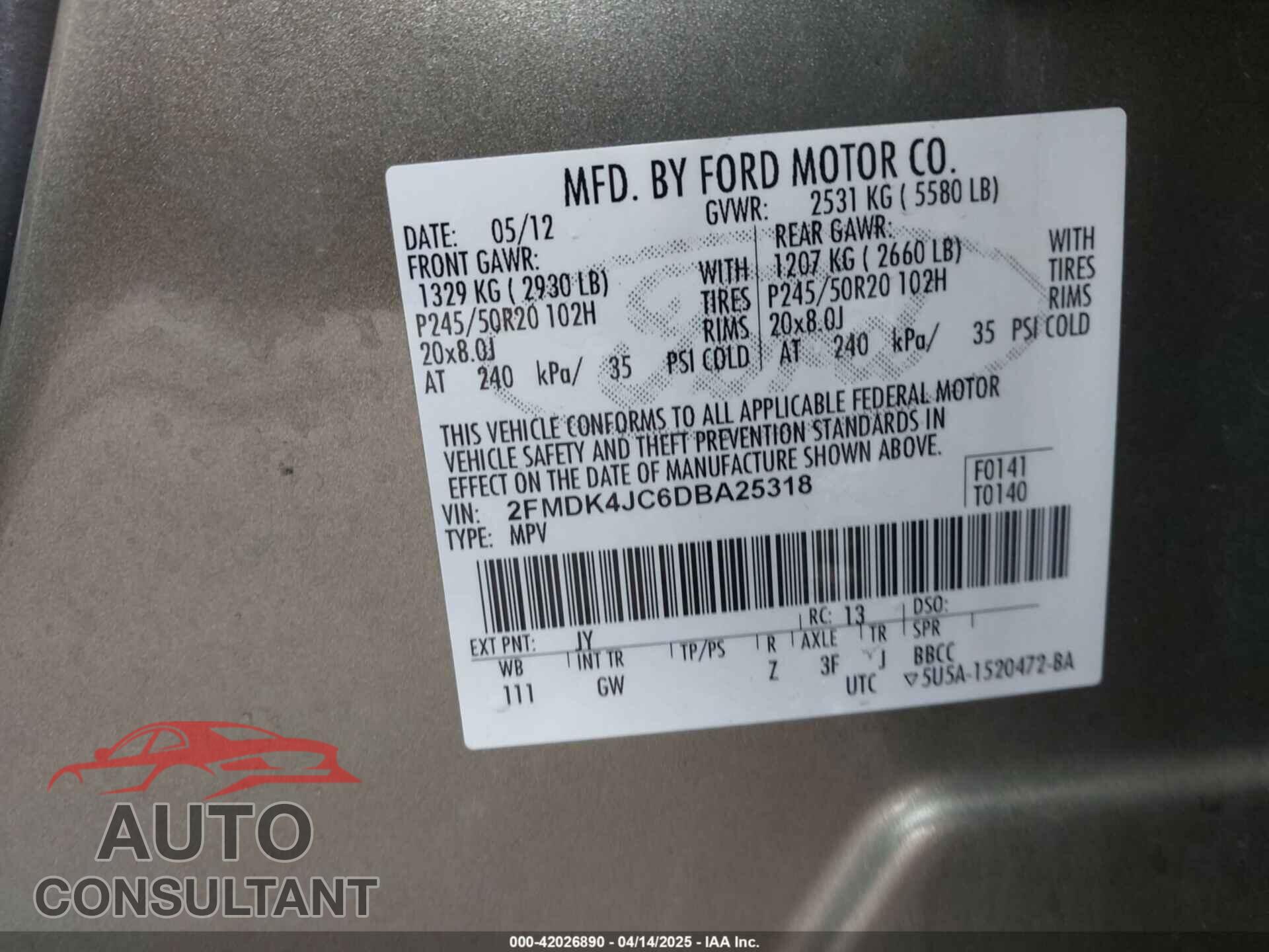 FORD EDGE 2013 - 2FMDK4JC6DBA25318