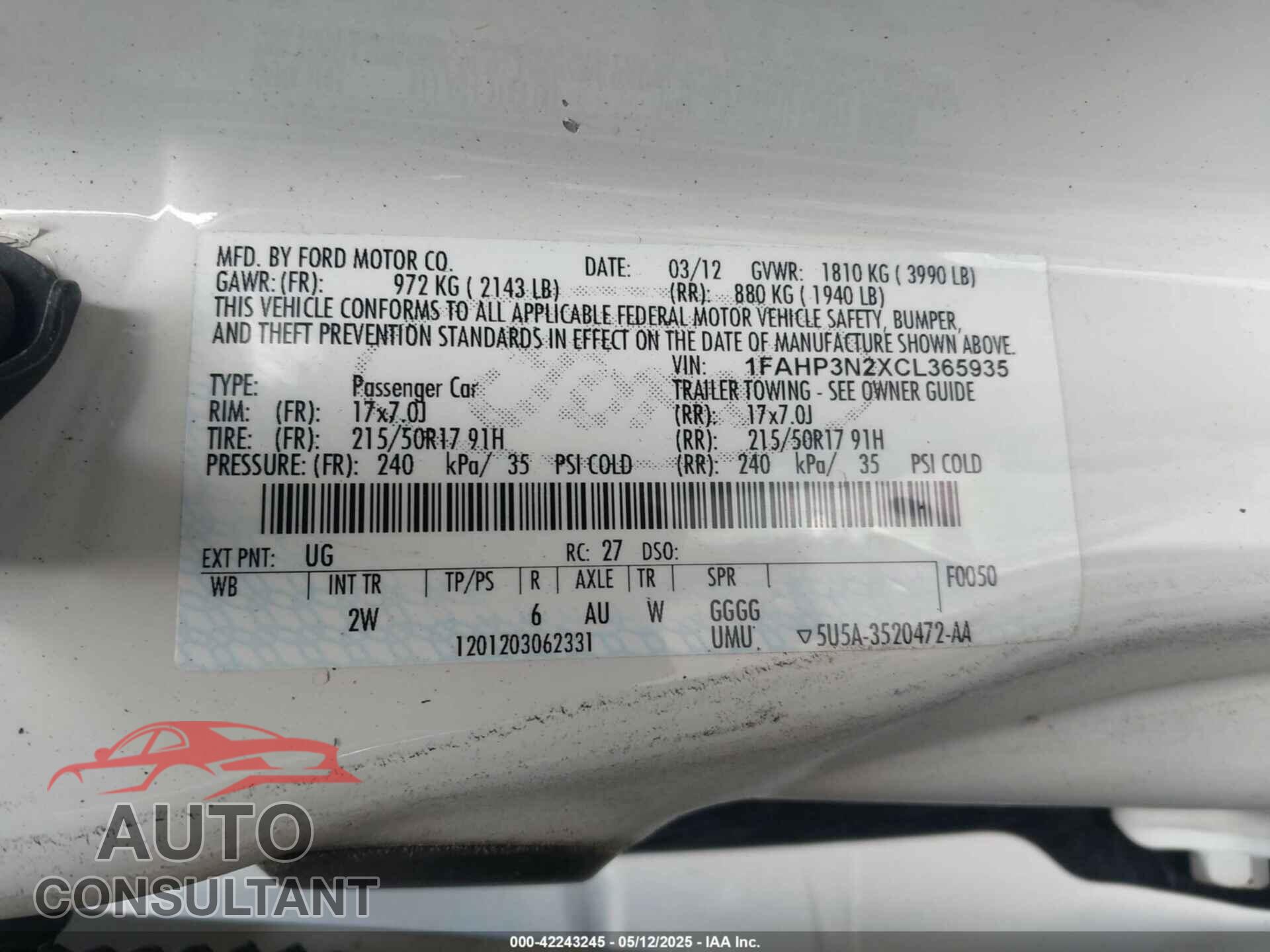 FORD FOCUS 2012 - 1FAHP3N2XCL365935