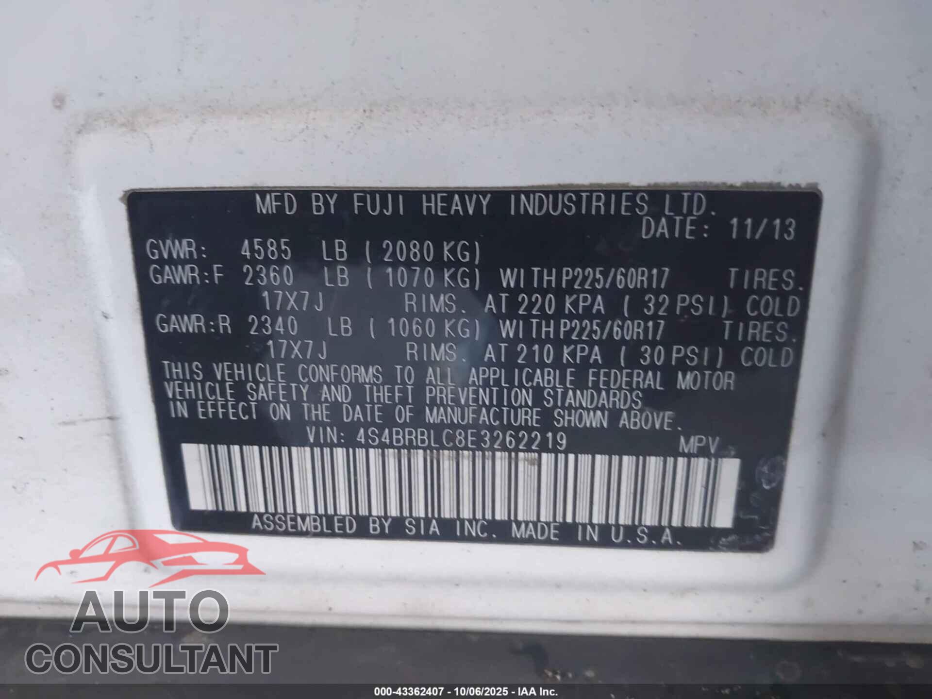 SUBARU OUTBACK 2014 - 4S4BRBLC8E3262219