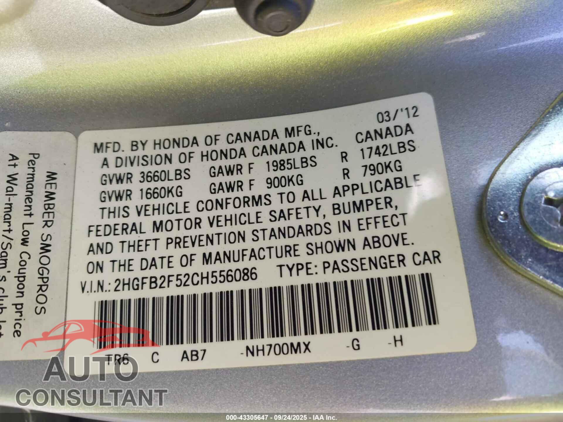 HONDA CIVIC 2012 - 2HGFB2F52CH556086