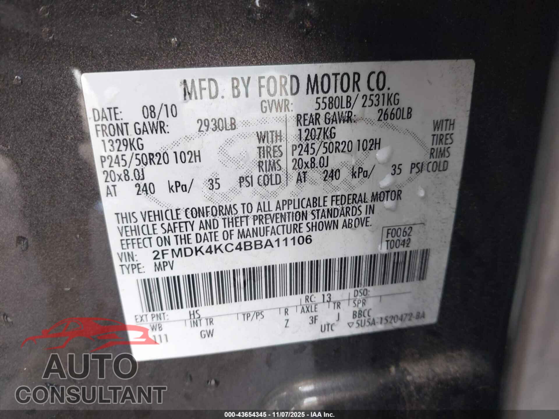 FORD EDGE 2011 - 2FMDK4KC4BBA11106