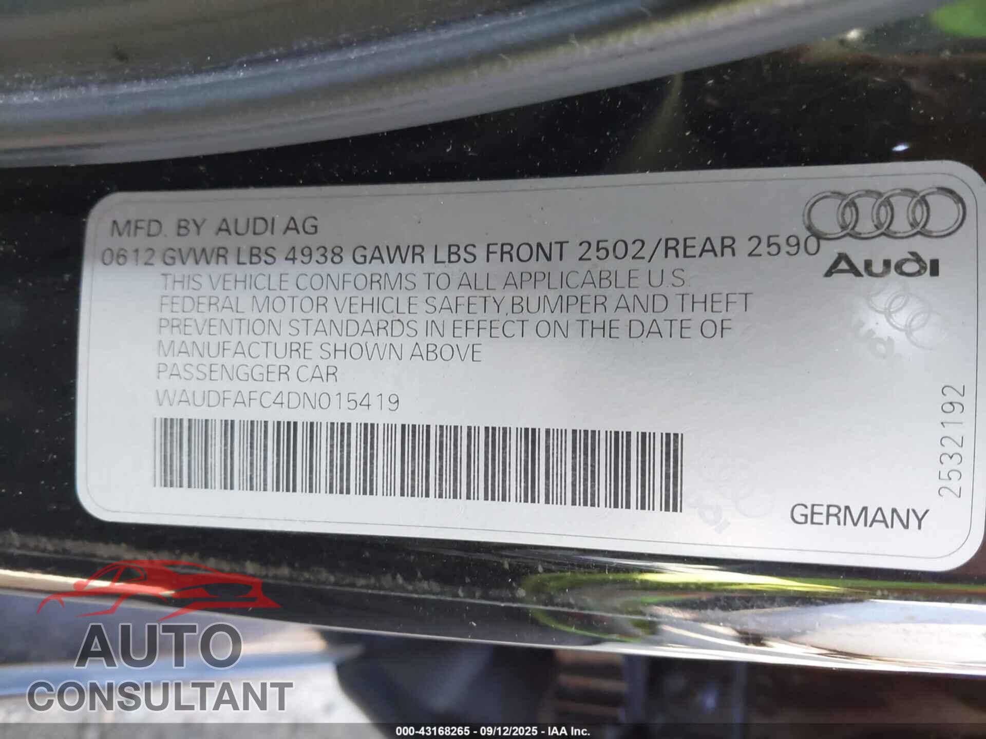 AUDI A6 2013 - WAUDFAFC4DN015419