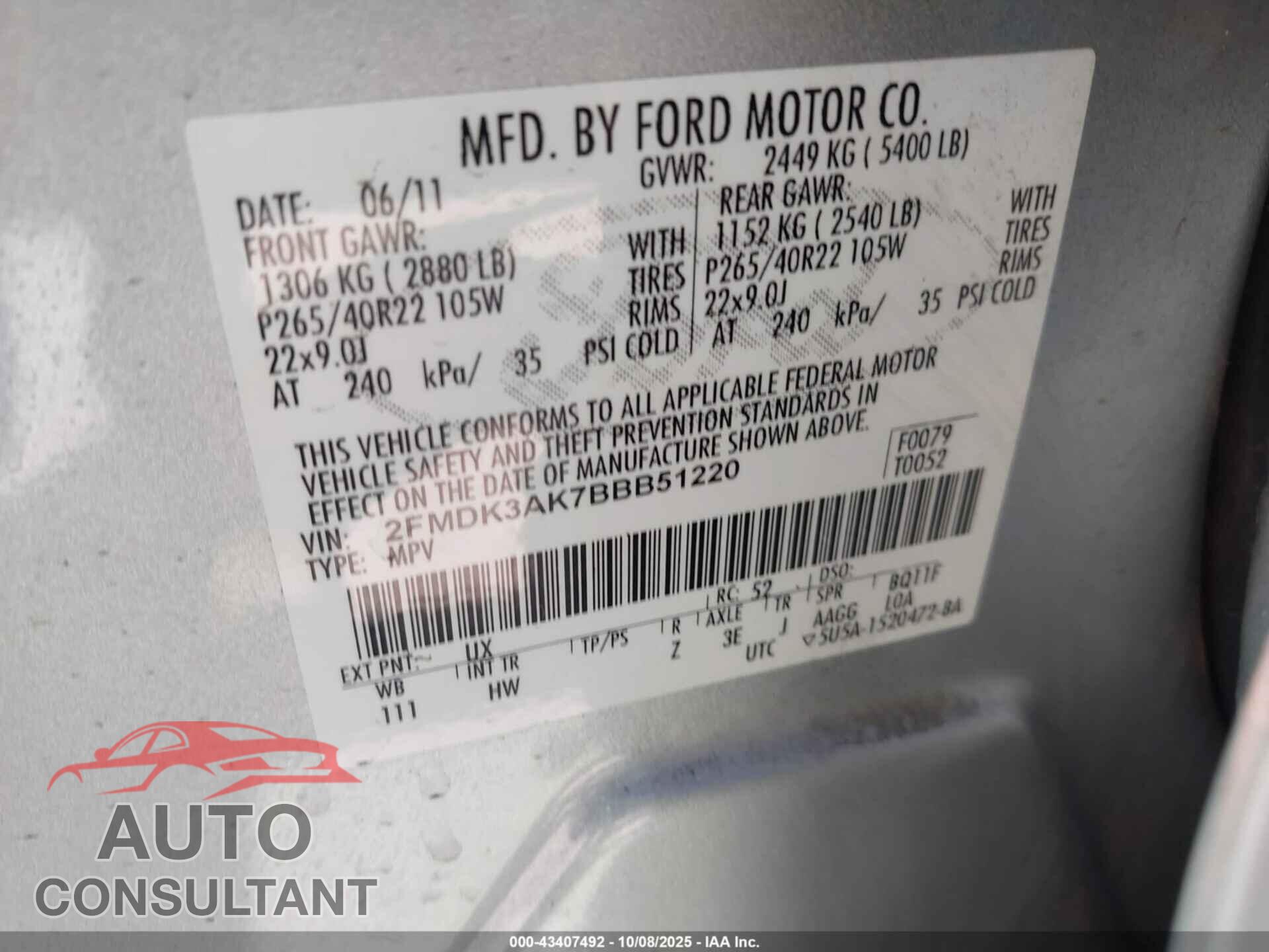 FORD EDGE 2011 - 2FMDK3AK7BBB51220