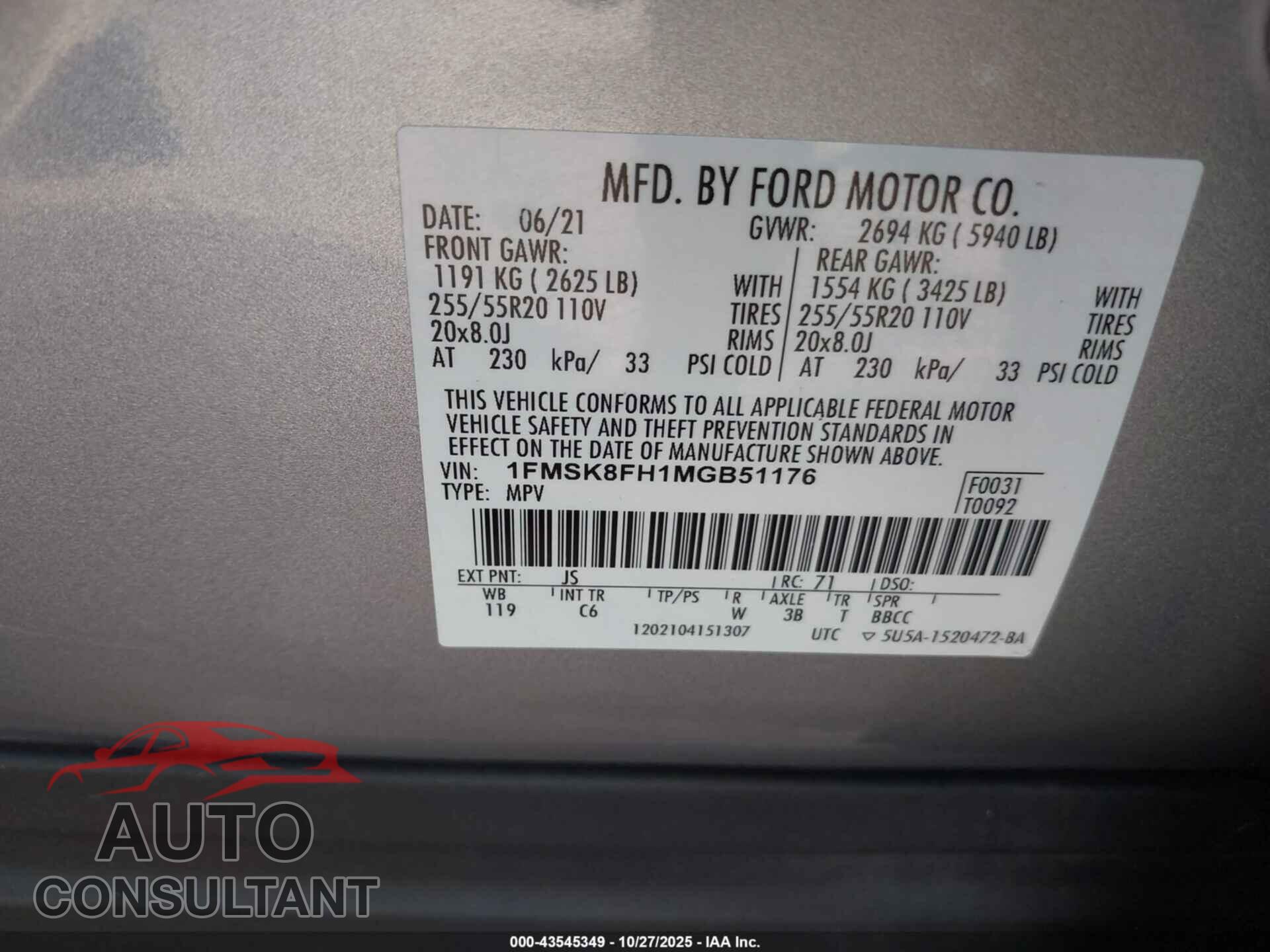 FORD EXPLORER 2021 - 1FMSK8FH1MGB51176