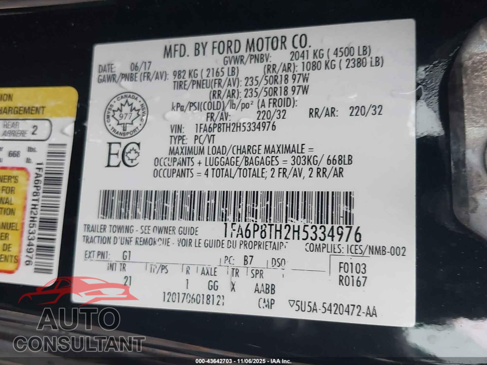 FORD MUSTANG 2017 - 1FA6P8TH2H5334976