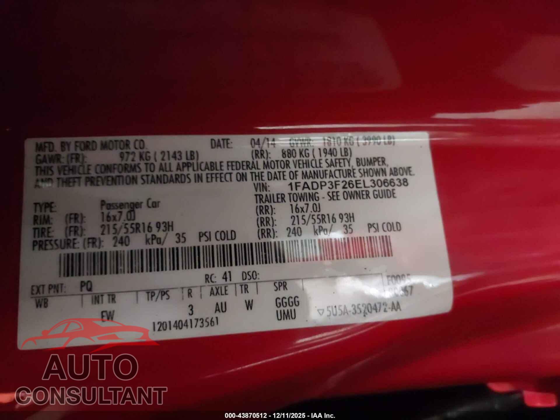FORD FOCUS 2014 - 1FADP3F26EL306638