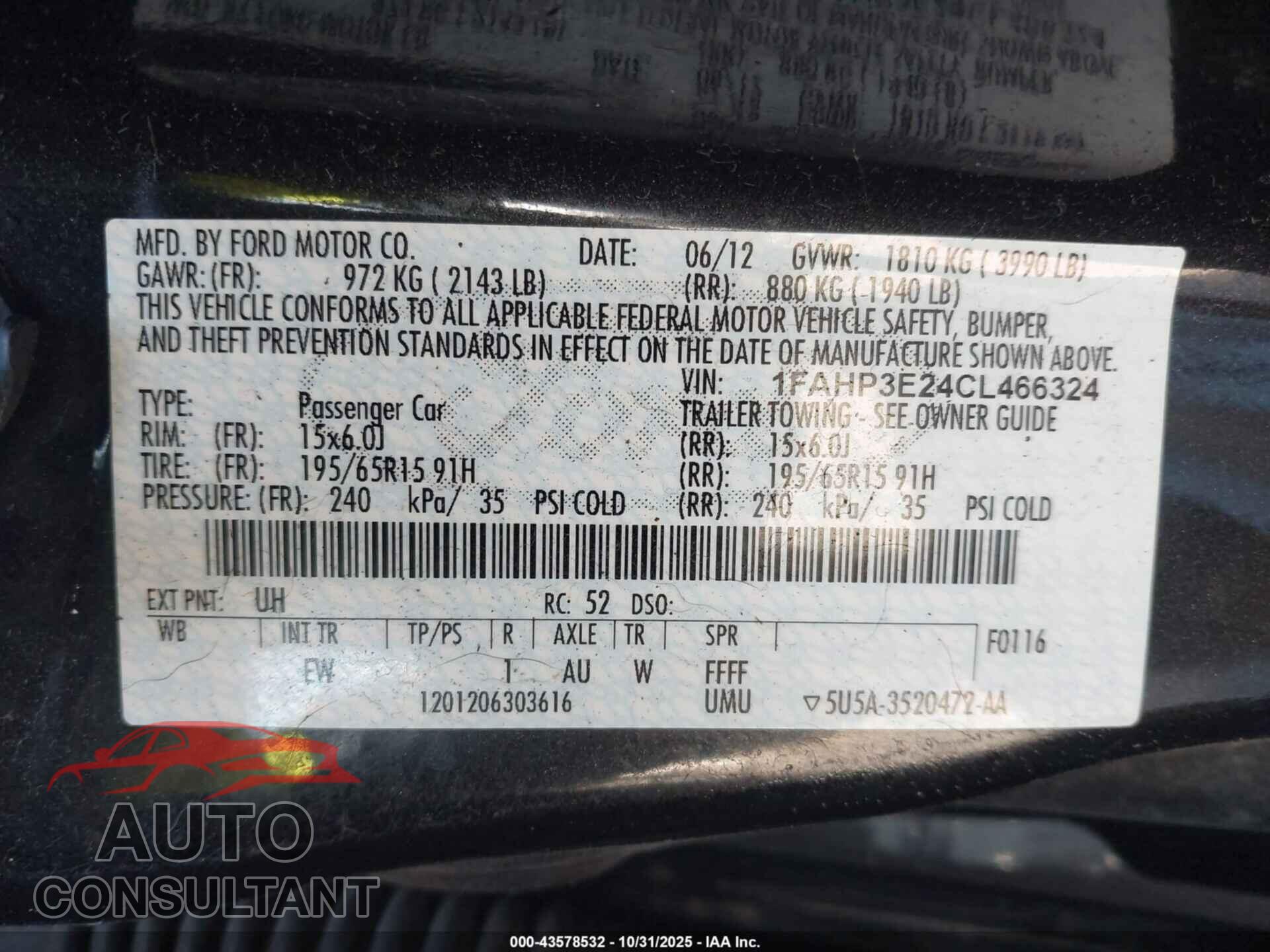 FORD FOCUS 2012 - 1FAHP3E24CL466324