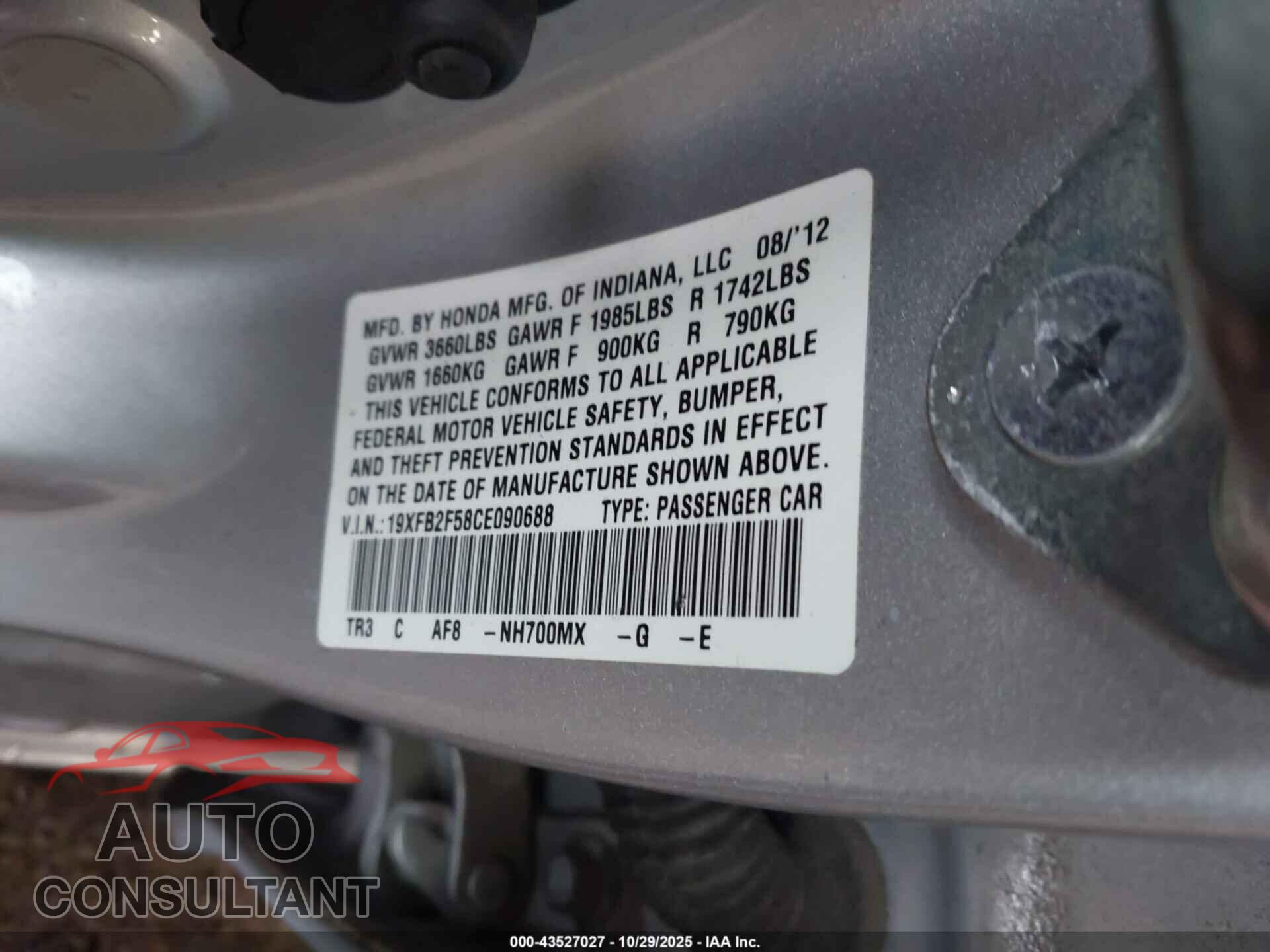 HONDA CIVIC 2012 - 19XFB2F58CE090688