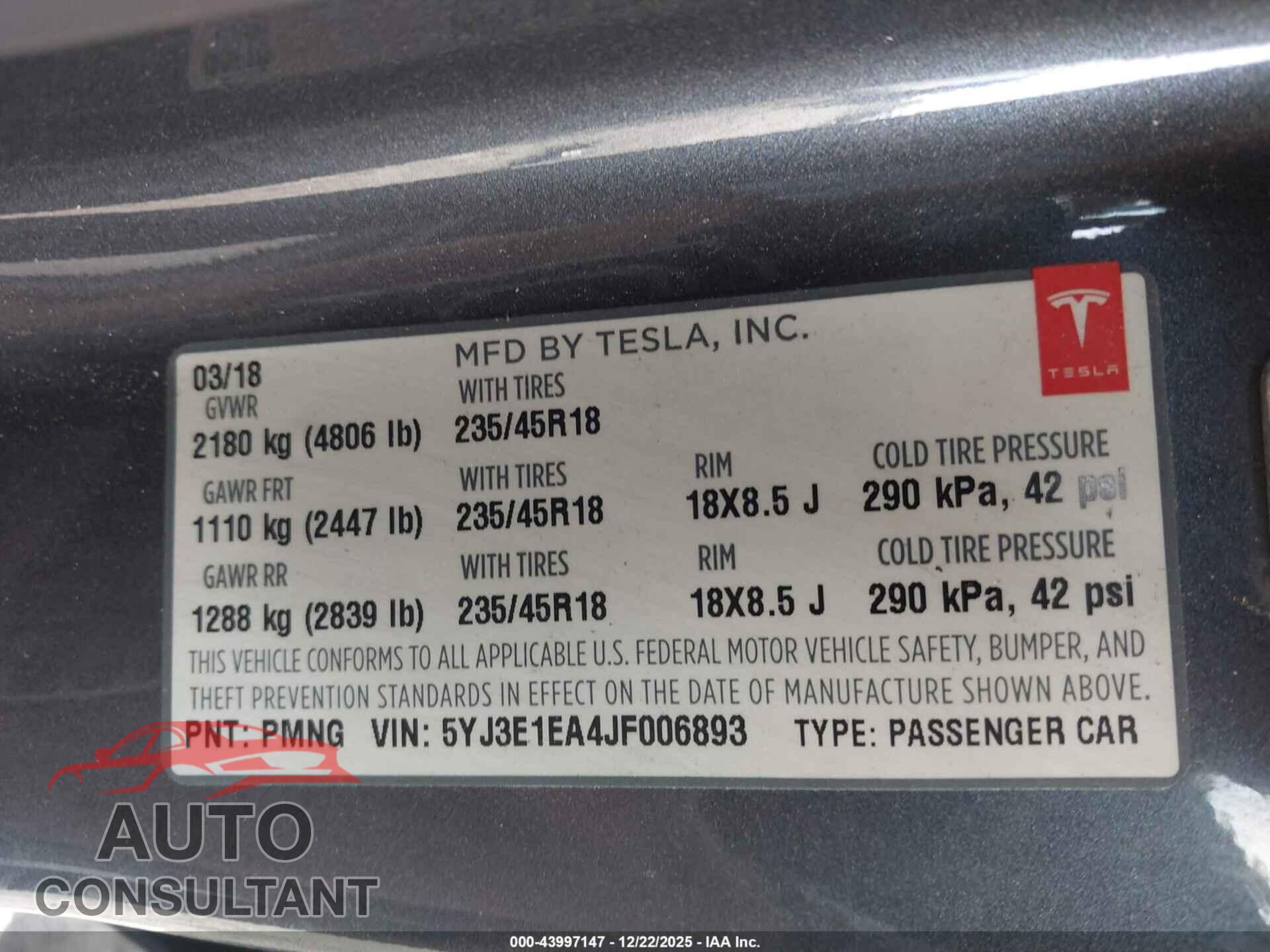 TESLA MODEL 3 2018 - 5YJ3E1EA4JF006893