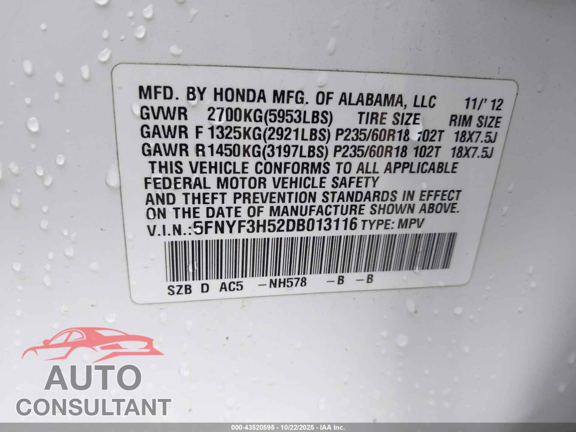 HONDA PILOT 2013 - 5FNYF3H52DB013116