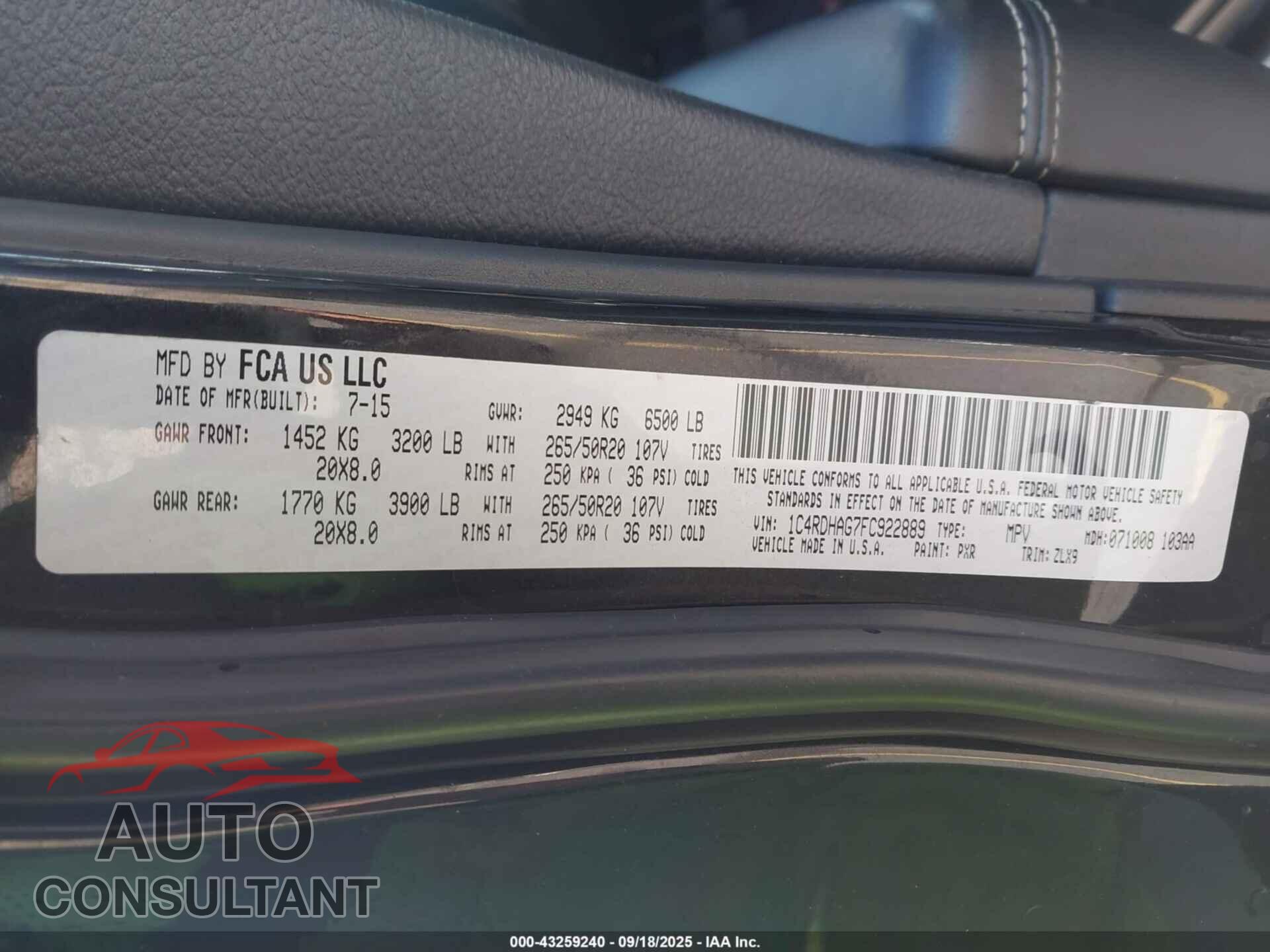 DODGE DURANGO 2015 - 1C4RDHAG7FC922889