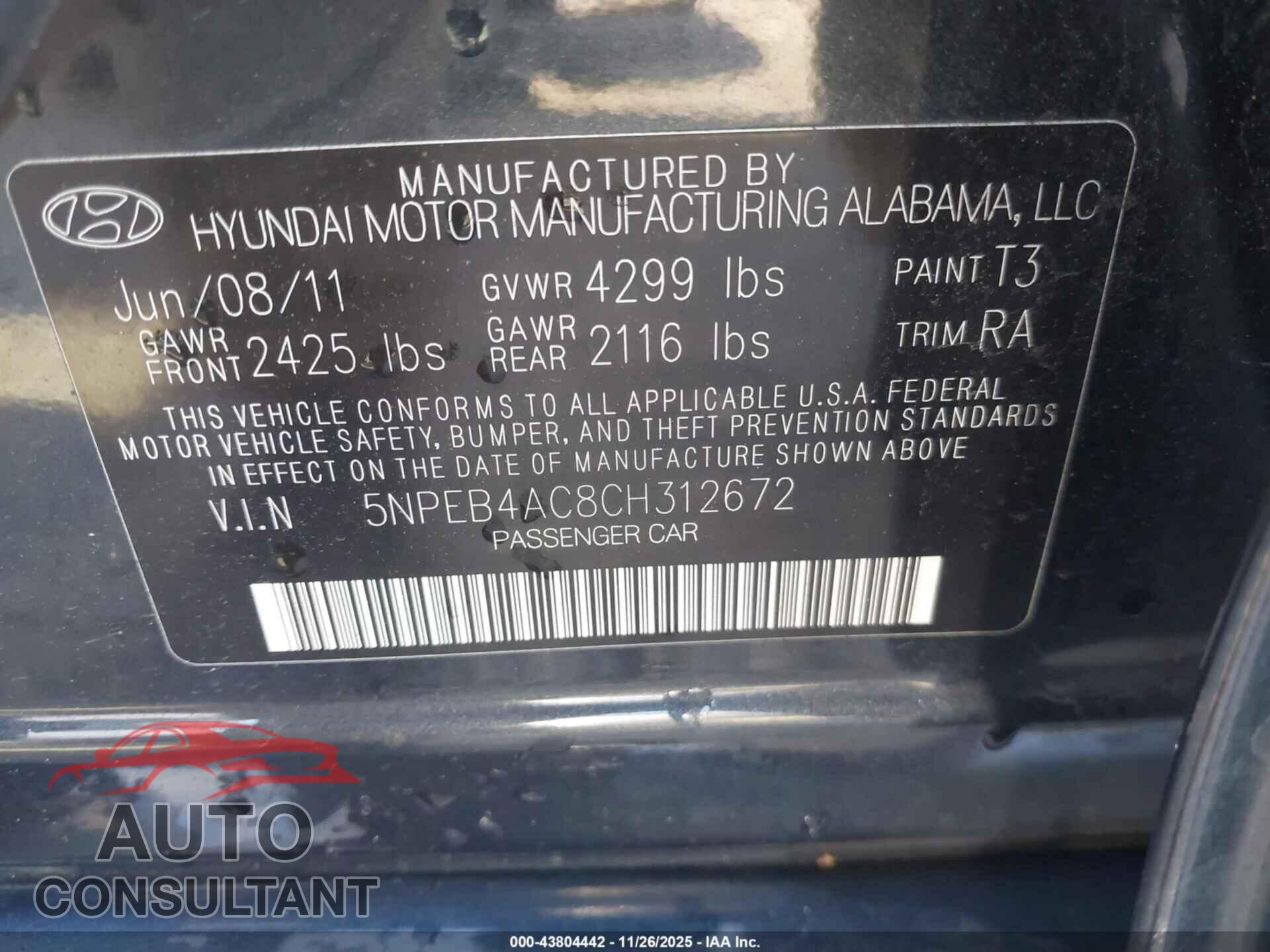 HYUNDAI SONATA 2012 - 5NPEB4AC8CH312672