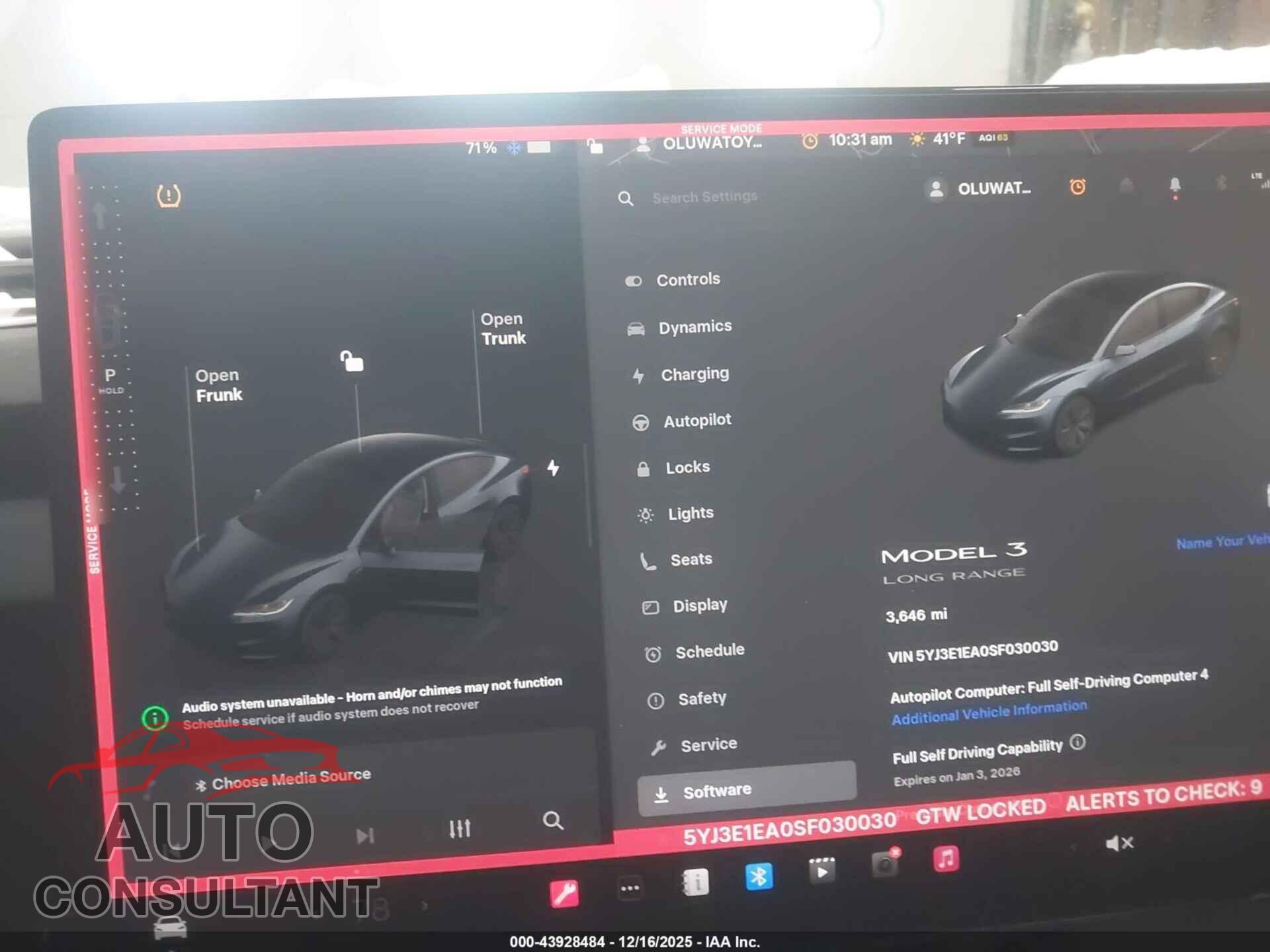 TESLA MODEL 3 2025 - 5YJ3E1EA0SF030030