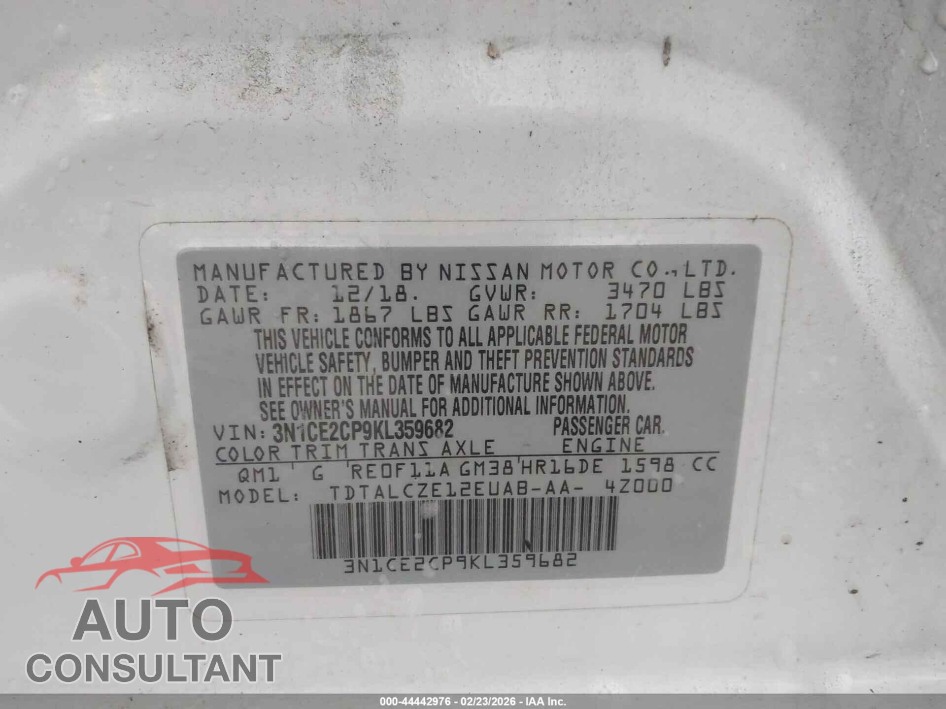 NISSAN VERSA NOTE 2019 - 3N1CE2CP9KL359682
