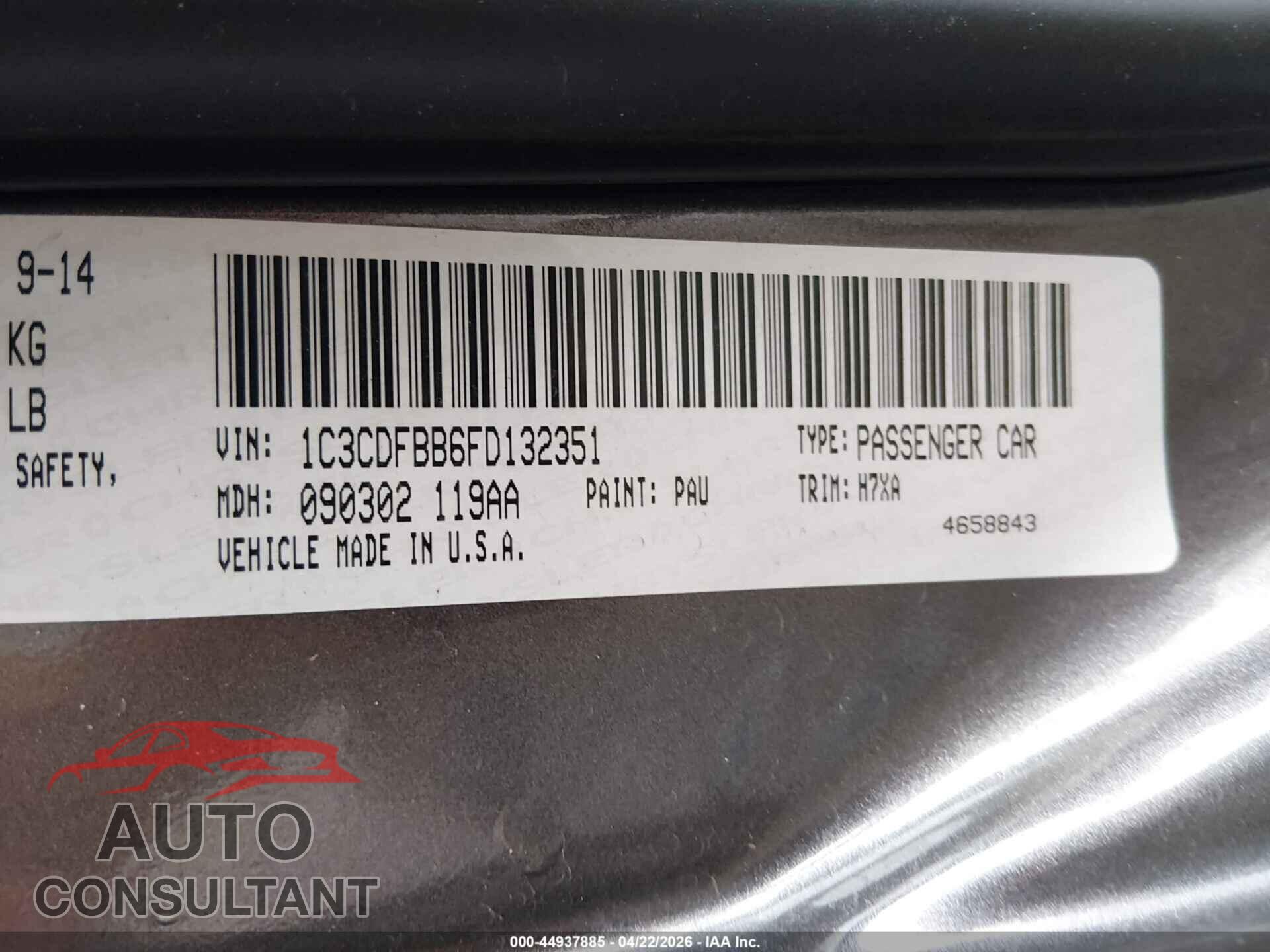 DODGE DART 2015 - 1C3CDFBB6FD132351