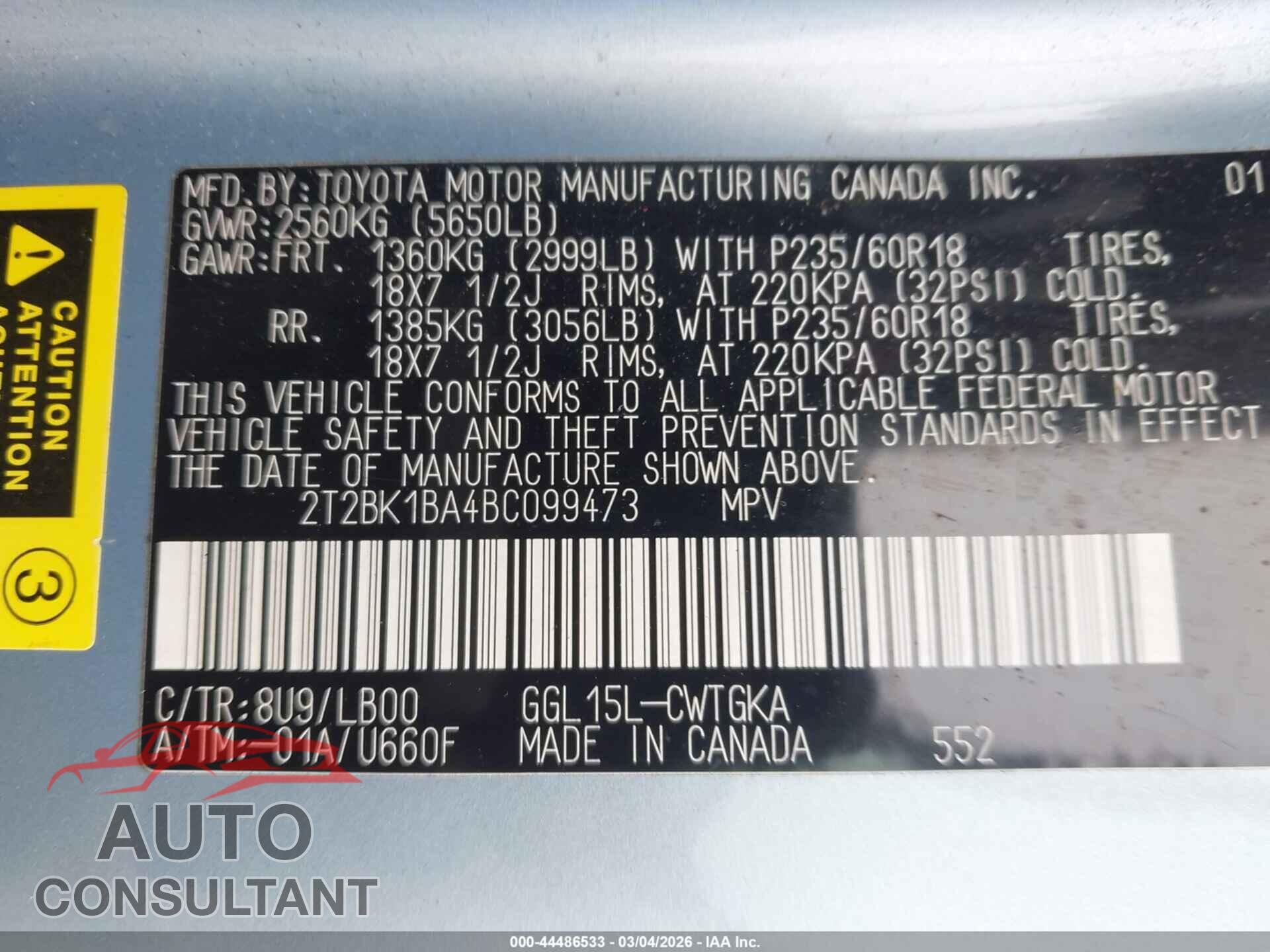 LEXUS RX 350 2011 - 2T2BK1BA4BC099473