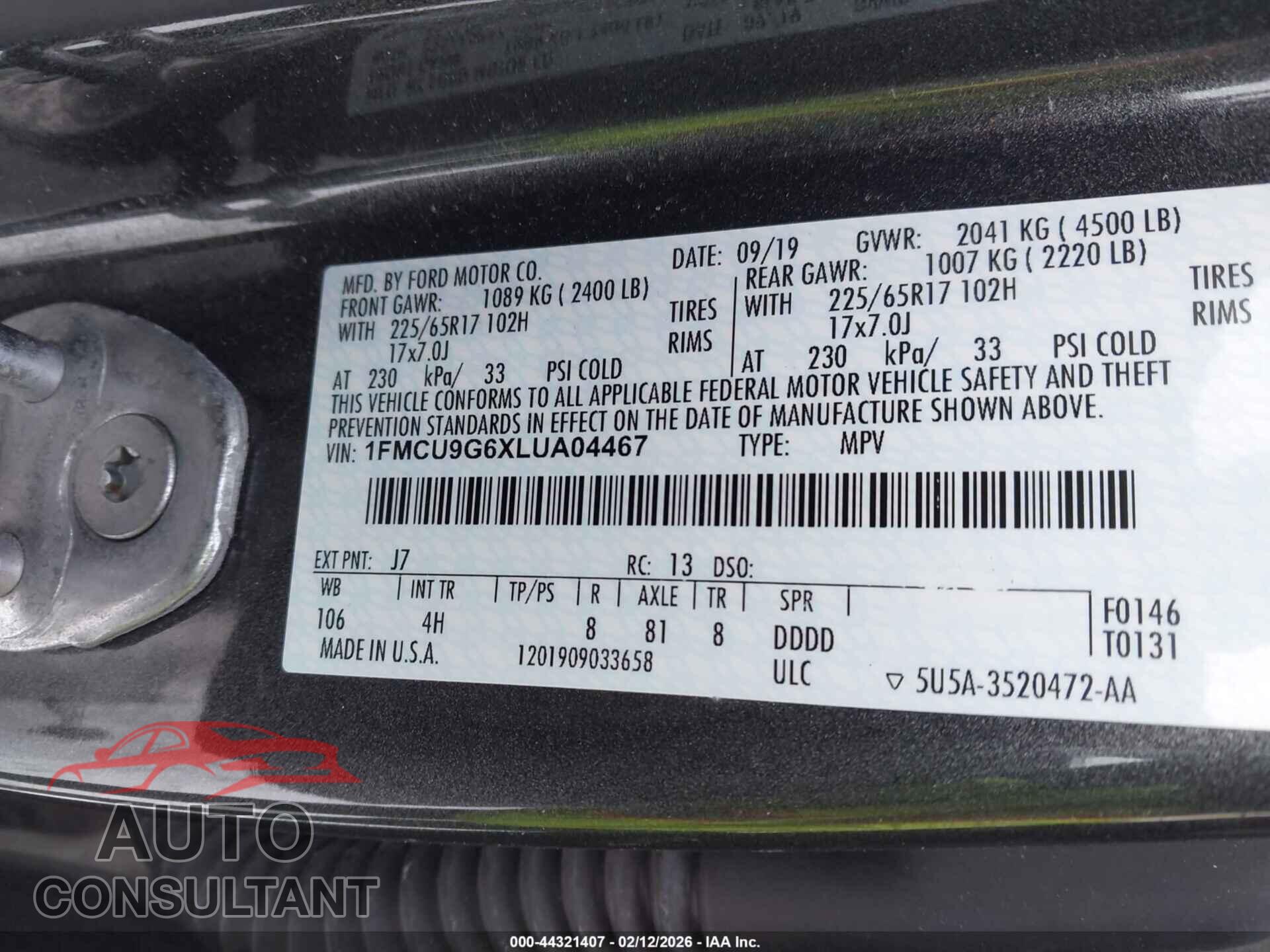 FORD ESCAPE 2020 - 1FMCU9G6XLUA04467