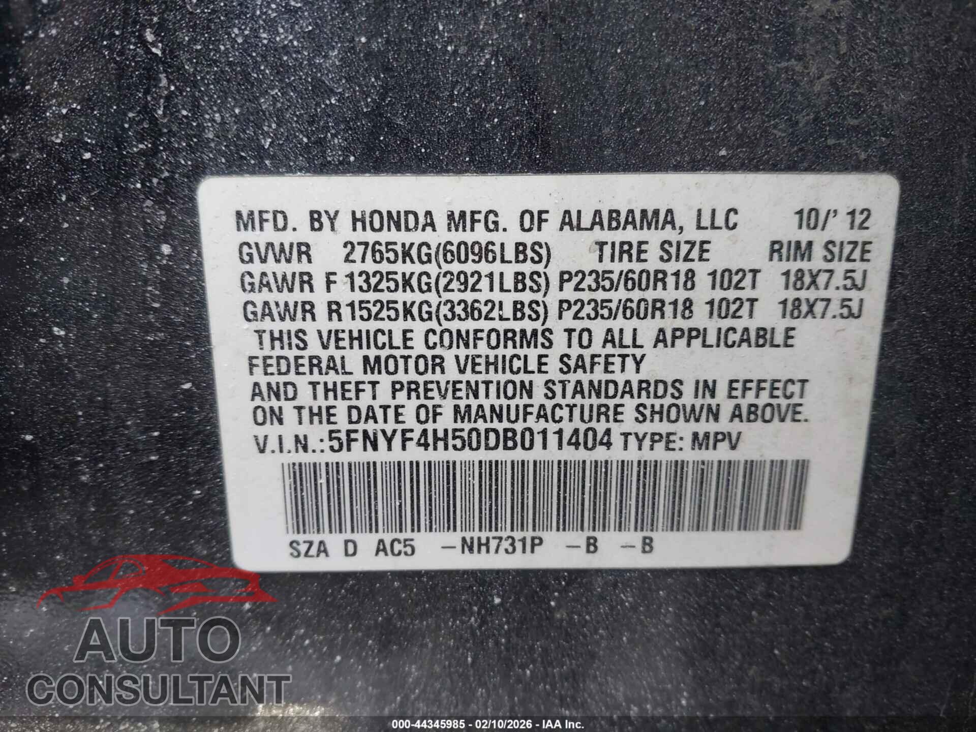 HONDA PILOT 2013 - 5FNYF4H50DB011404