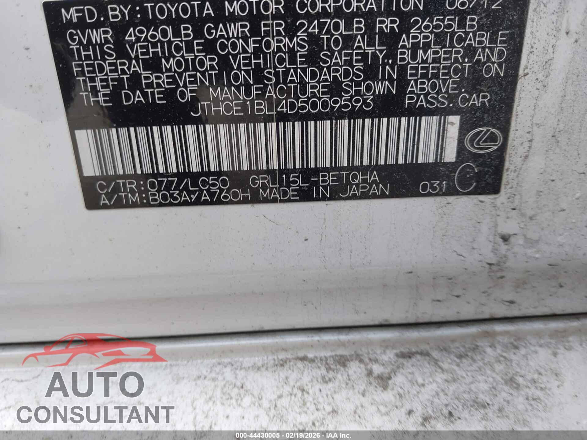 LEXUS GS 350 2013 - JTHCE1BL4D5009593
