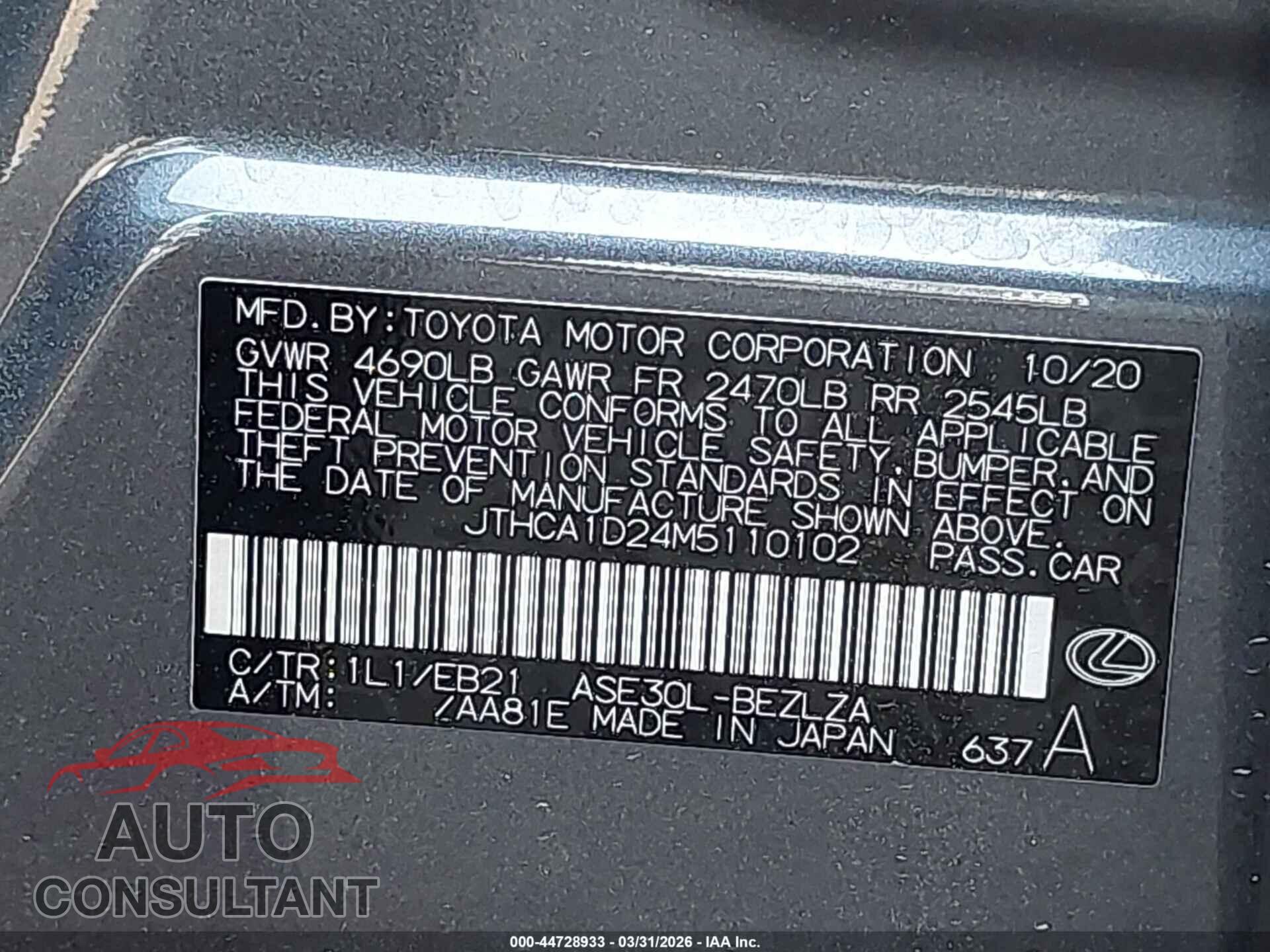 LEXUS IS 300 2021 - JTHCA1D24M5110102