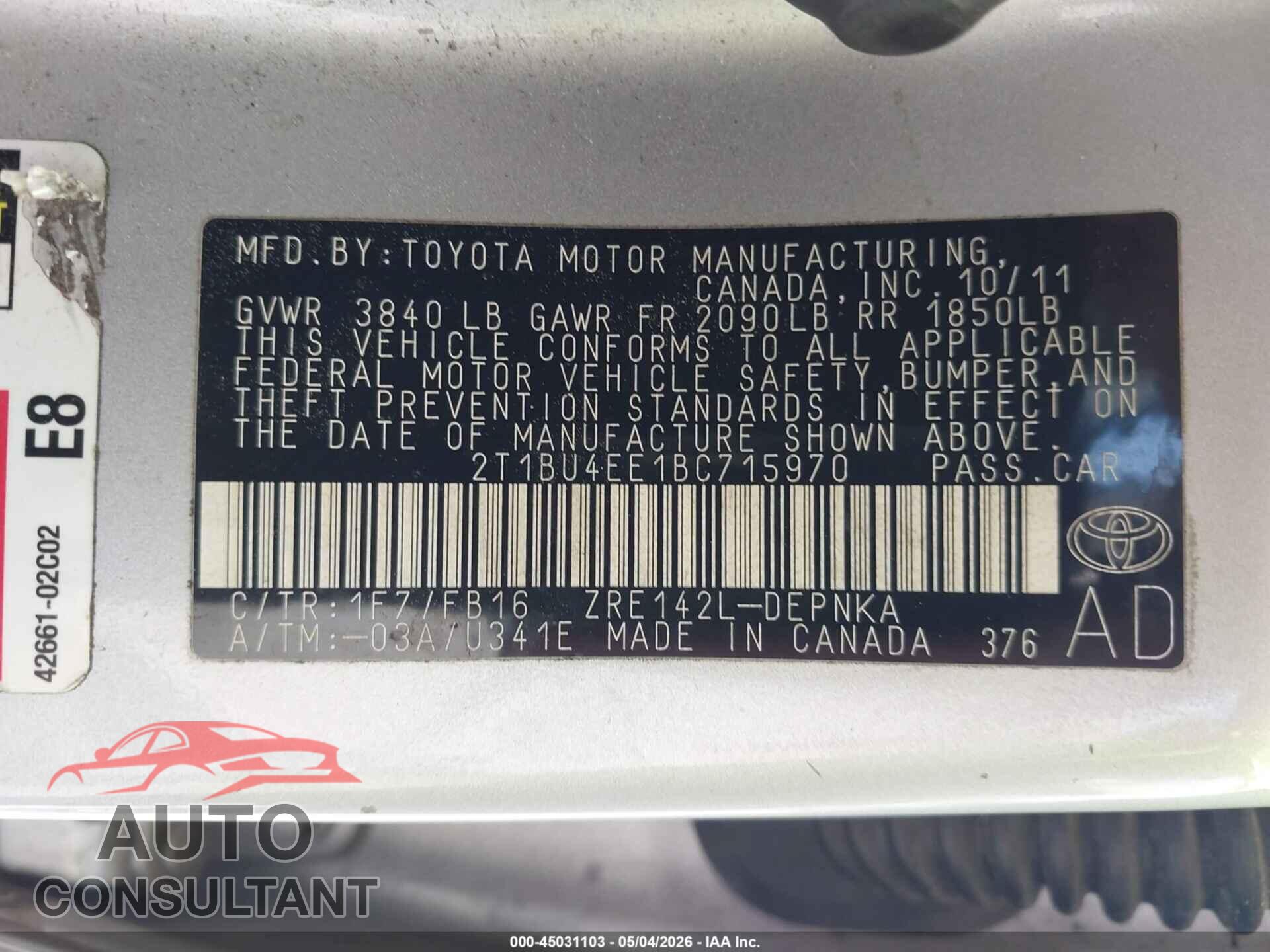 TOYOTA COROLLA 2011 - 2T1BU4EE1BC715970