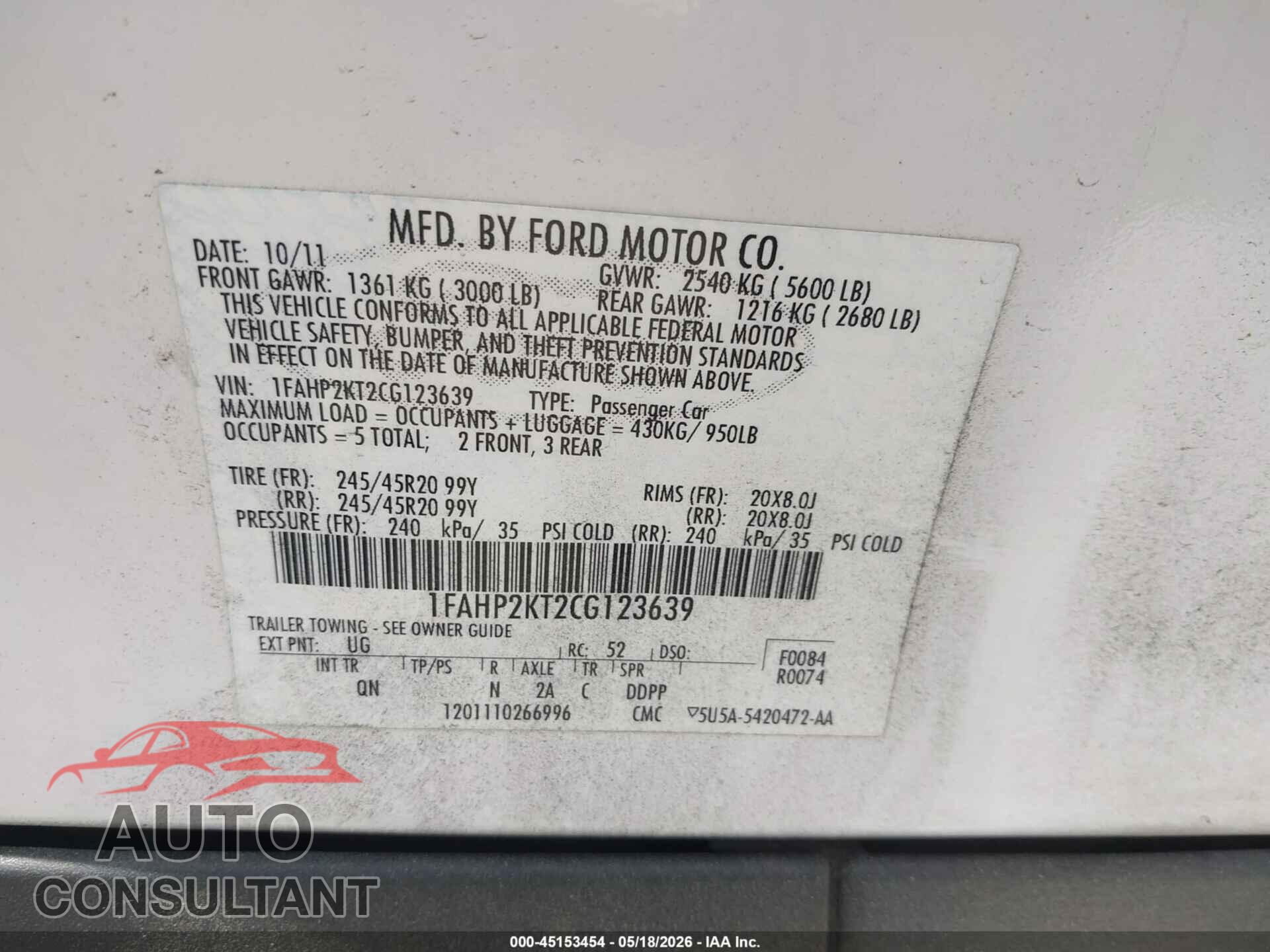 FORD TAURUS 2012 - 1FAHP2KT2CG123639