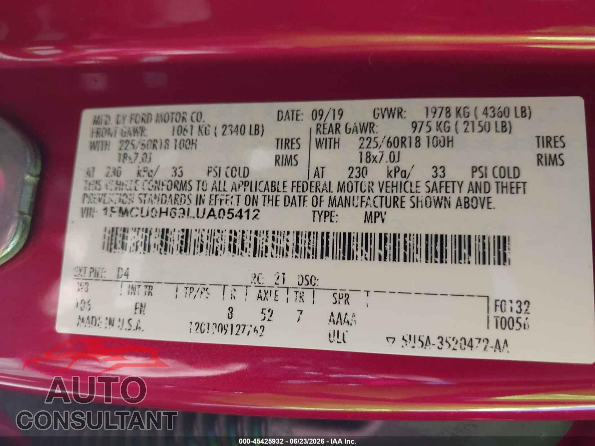 FORD ESCAPE 2020 - 1FMCU0H69LUA05412