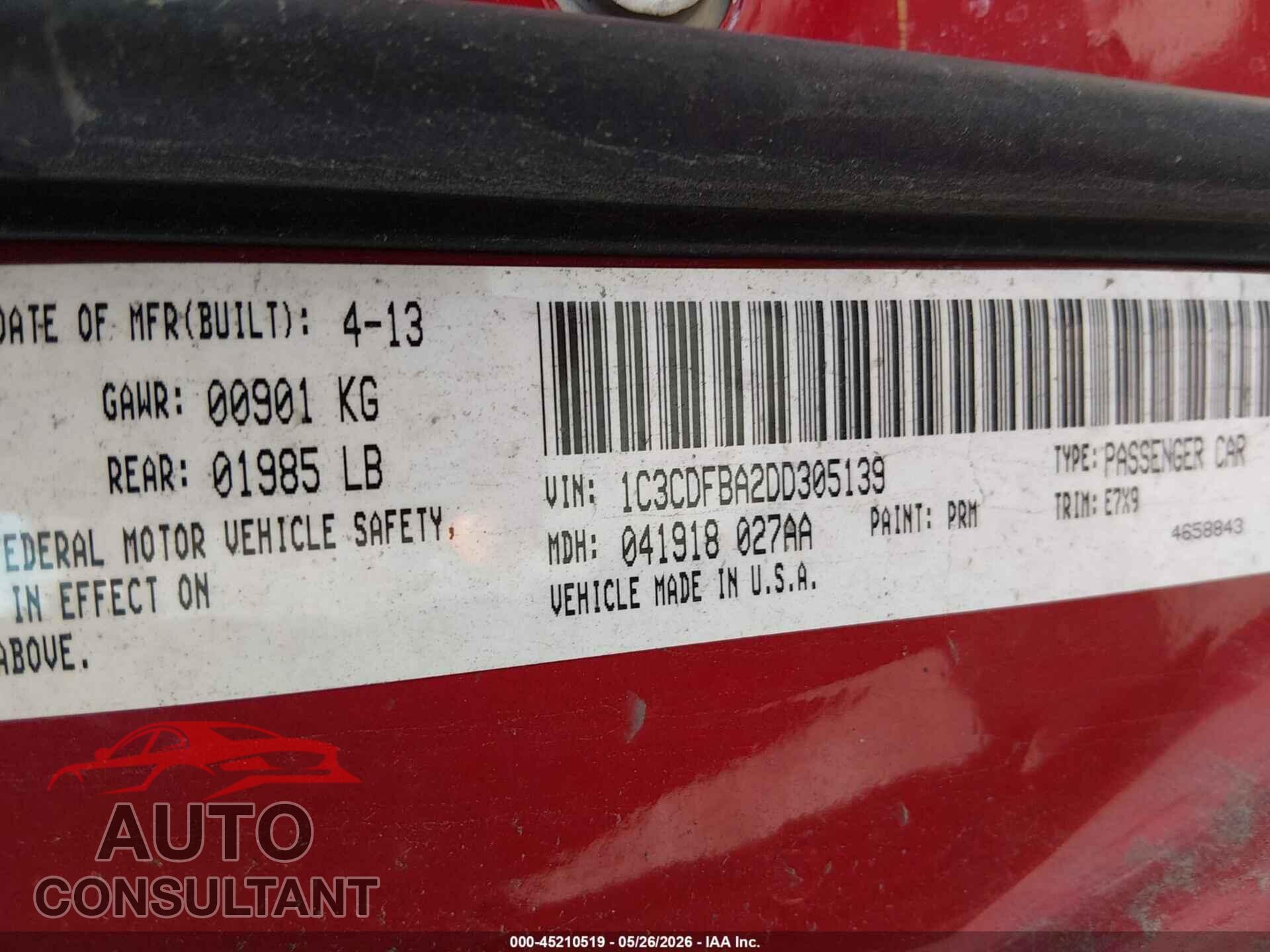 DODGE DART 2013 - 1C3CDFBA2DD305139
