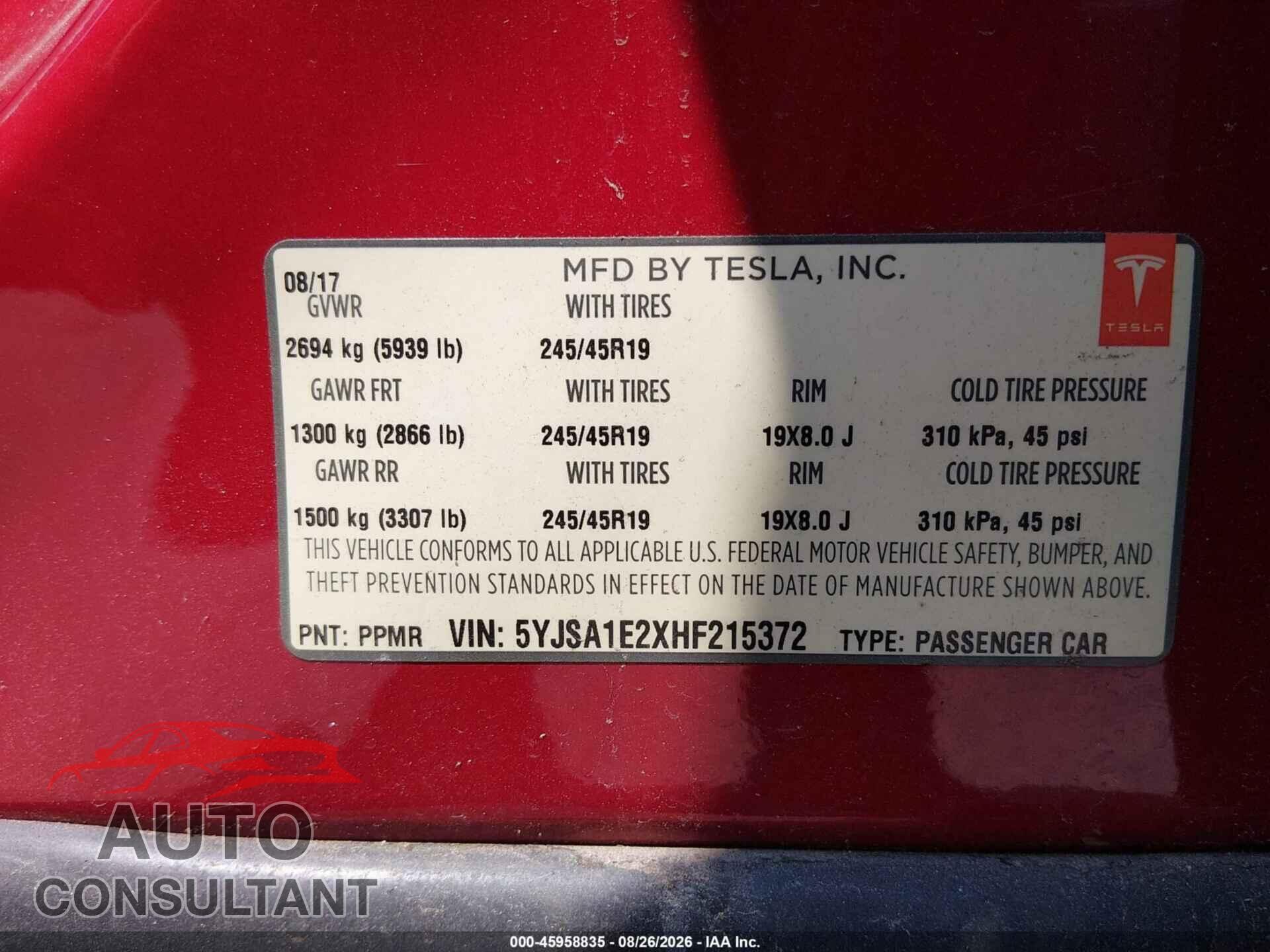 TESLA MODEL S 2017 - 5YJSA1E2XHF215372