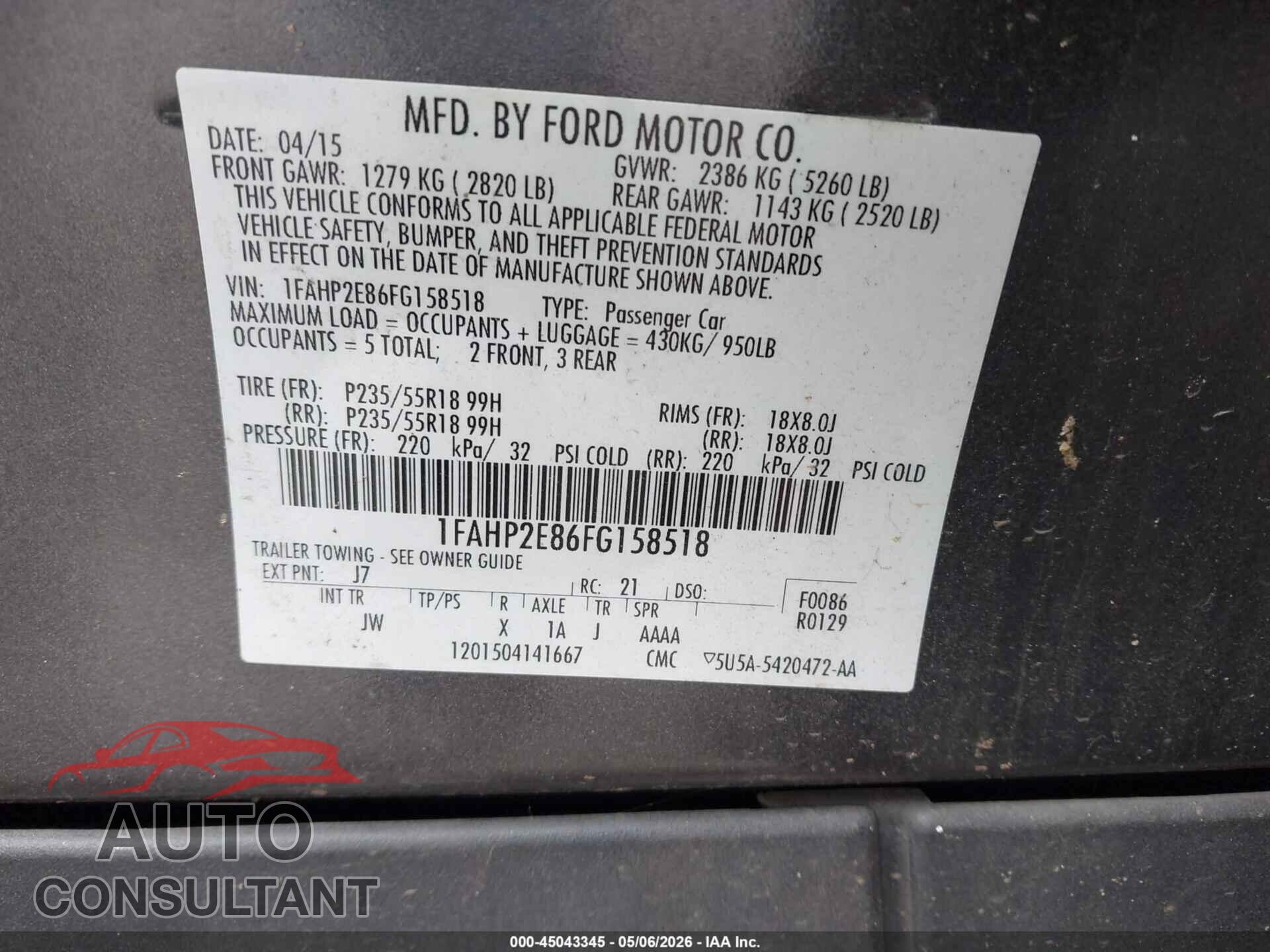 FORD TAURUS 2015 - 1FAHP2E86FG158518