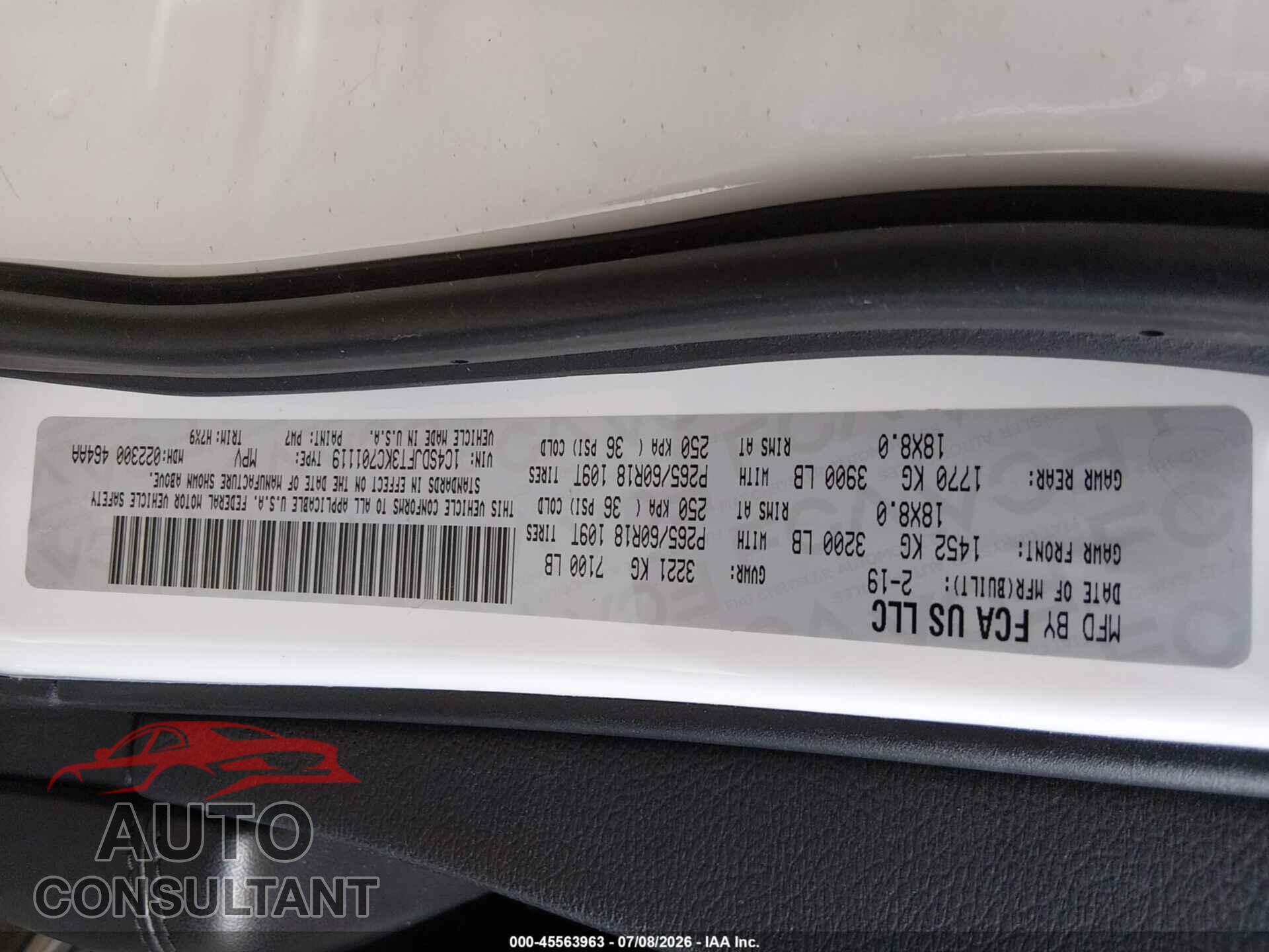 DODGE DURANGO 2019 - 1C4SDJFT3KC701119