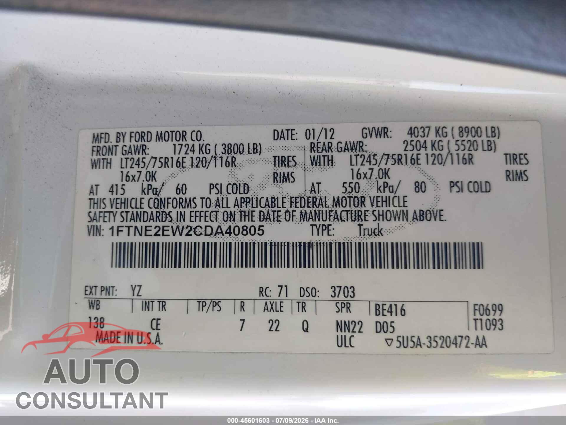 FORD E-250 2012 - 1FTNE2EW2CDA40805