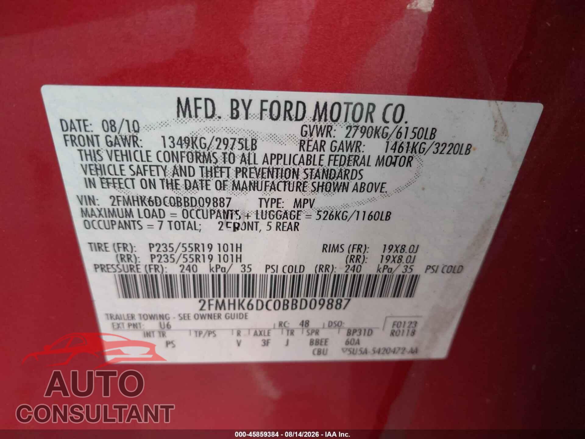 FORD FLEX 2011 - 2FMHK6DC0BBD09887