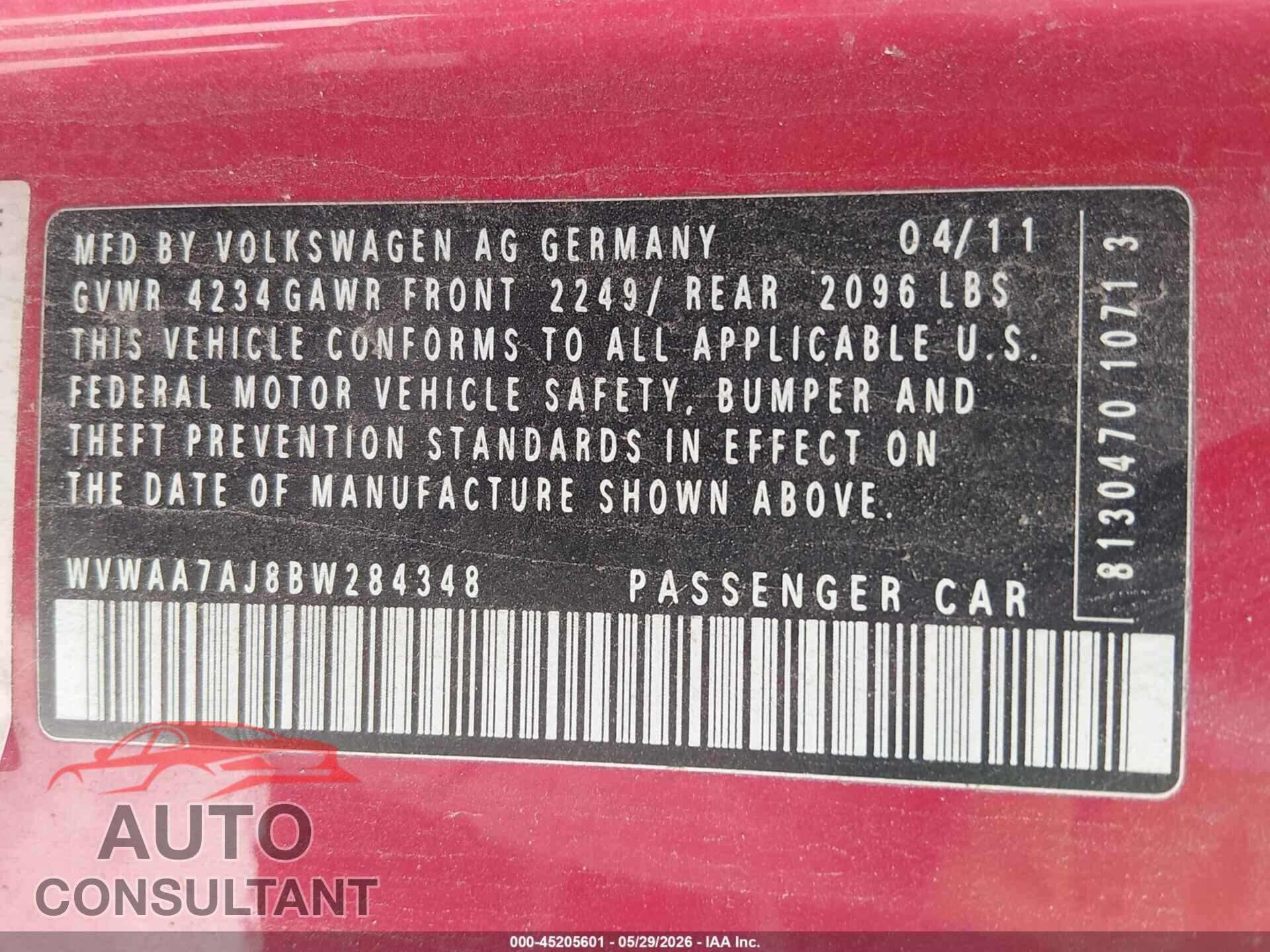 VOLKSWAGEN GOLF 2011 - WVWAA7AJ8BW284348