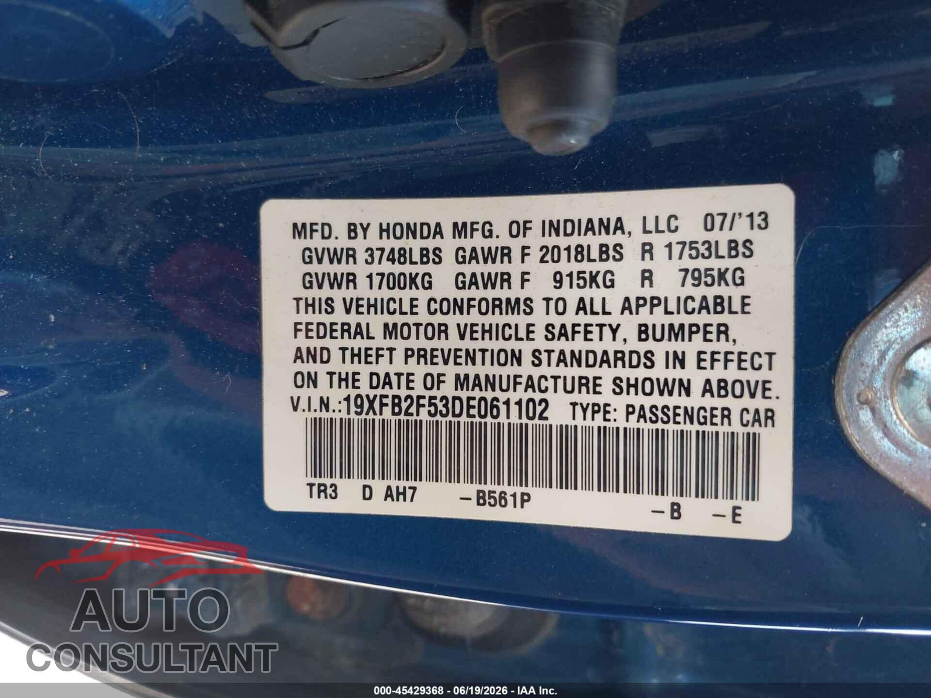 HONDA CIVIC 2013 - 19XFB2F53DE061102