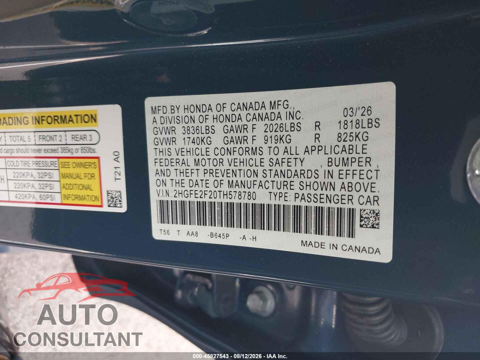 HONDA CIVIC 2026 - 2HGFE2F20TH578780