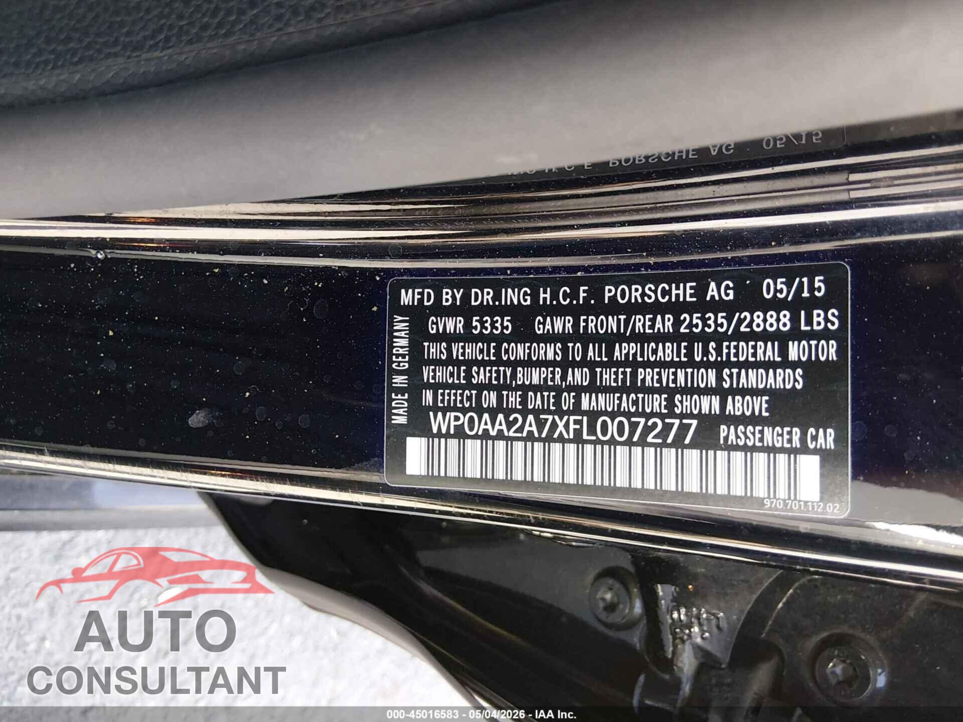 PORSCHE PANAMERA 2015 - WP0AA2A7XFL007277