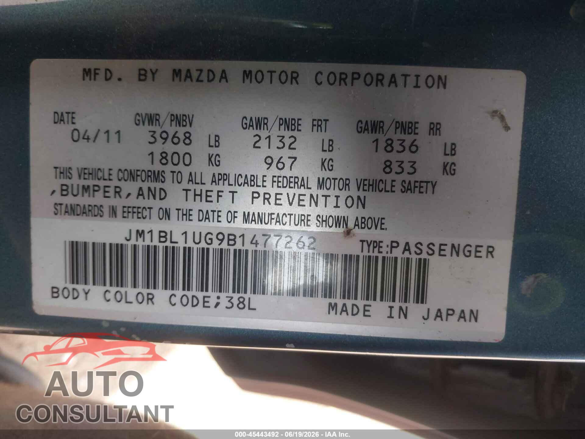 MAZDA MAZDA3 2011 - JM1BL1UG9B1477262