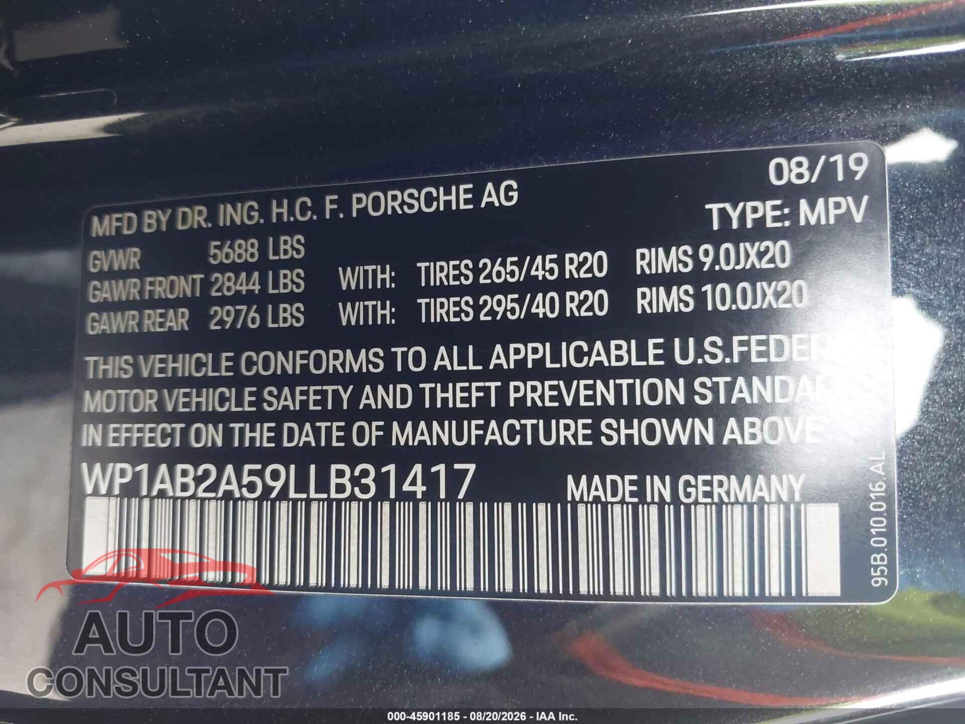 PORSCHE MACAN 2020 - WP1AB2A59LLB31417