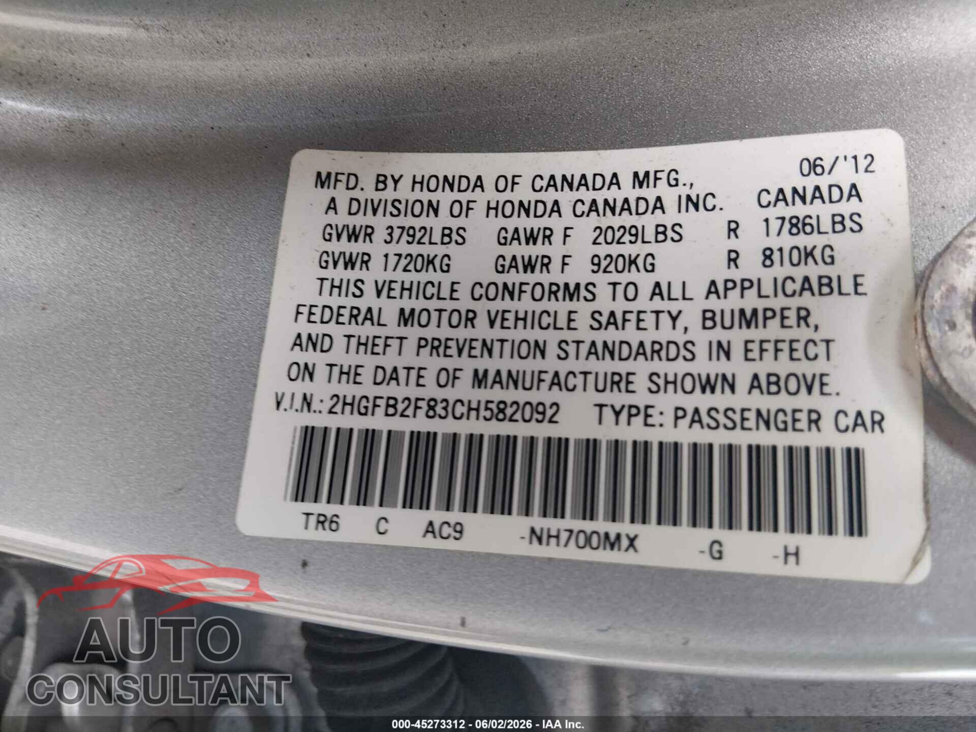 HONDA CIVIC 2012 - 2HGFB2F83CH582092