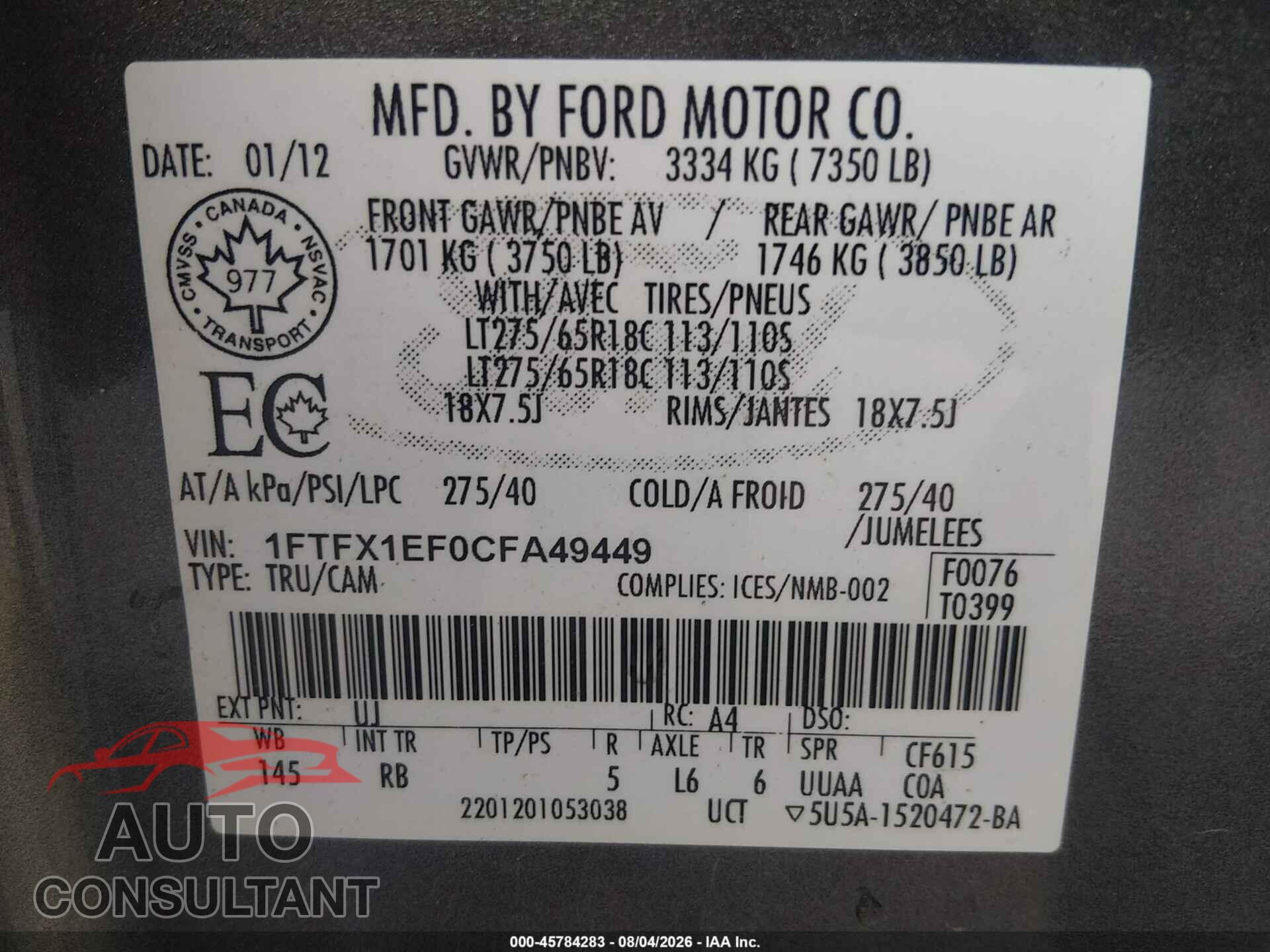 FORD F-150 2012 - 1FTFX1EF0CFA49449