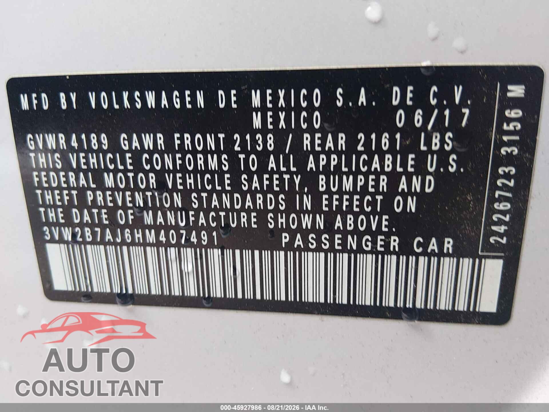 VOLKSWAGEN JETTA 2017 - 3VW2B7AJ6HM407491