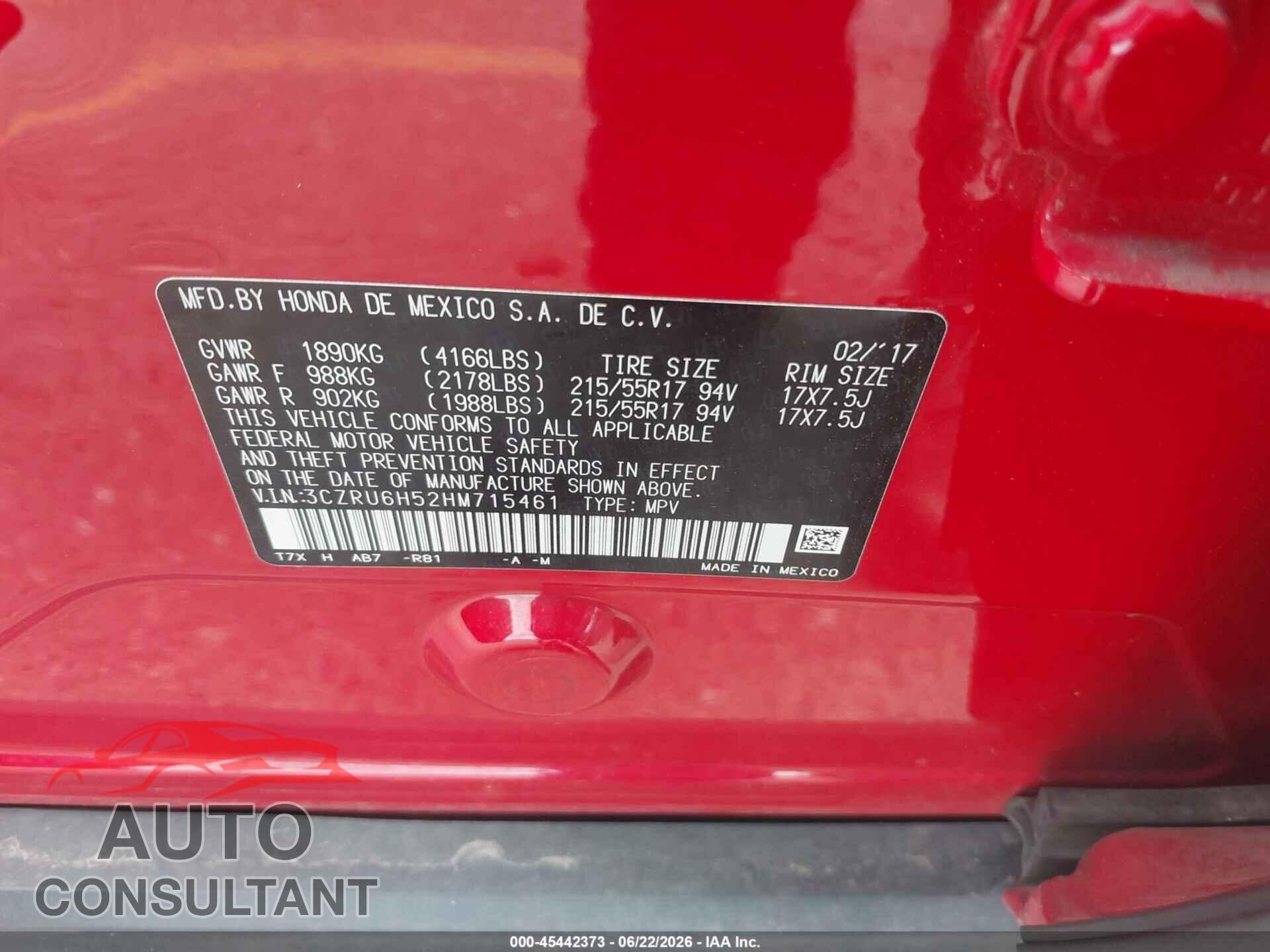 HONDA HR-V 2017 - 3CZRU6H52HM715461